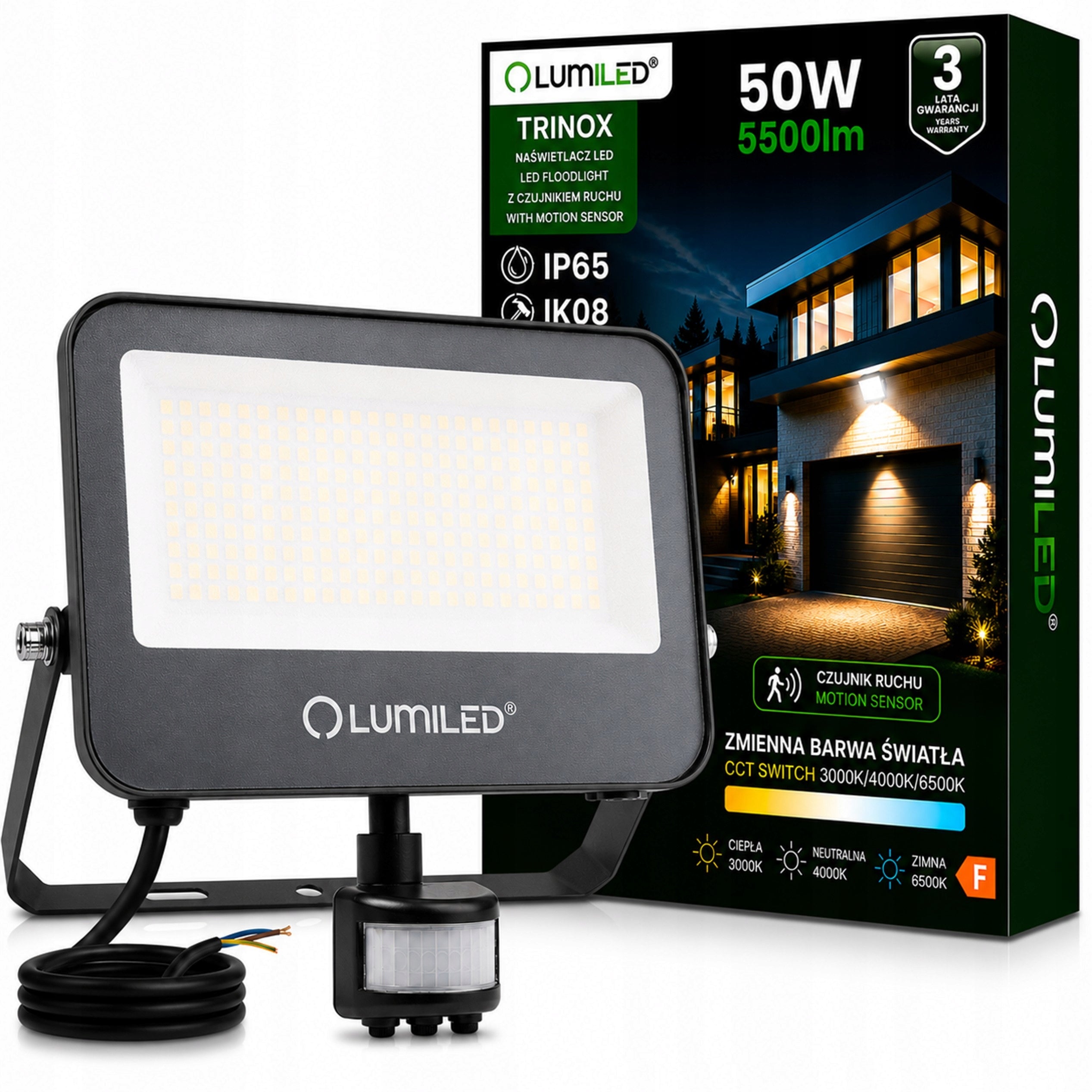 Halogen 50W CCT IP65 LED Floodlight Headlight Lamp with Motion Sensor