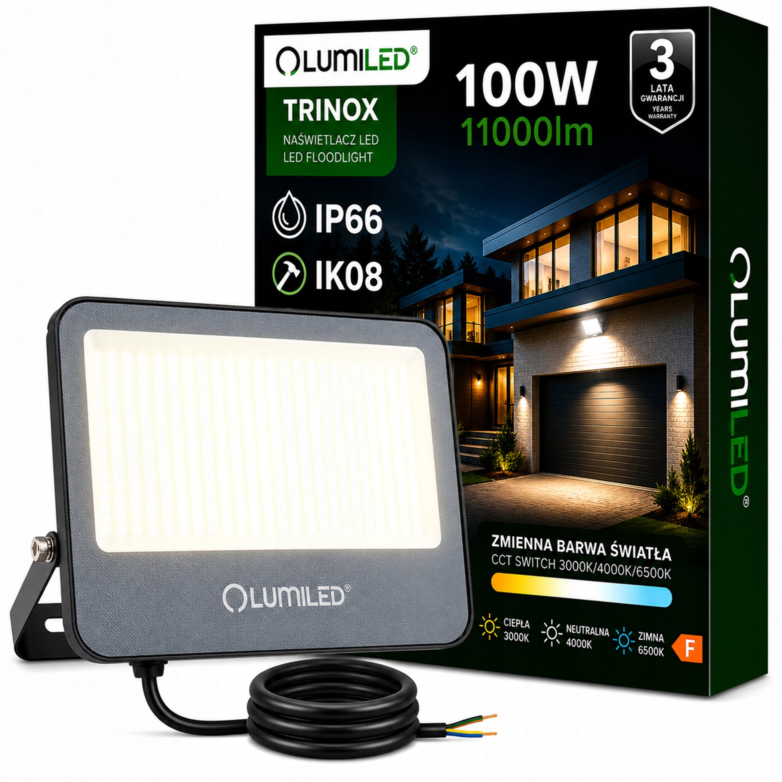 Halogen Floodlight LED Lamp 100W 11000 lm IP66 Outdoor STRONG 3 Colors