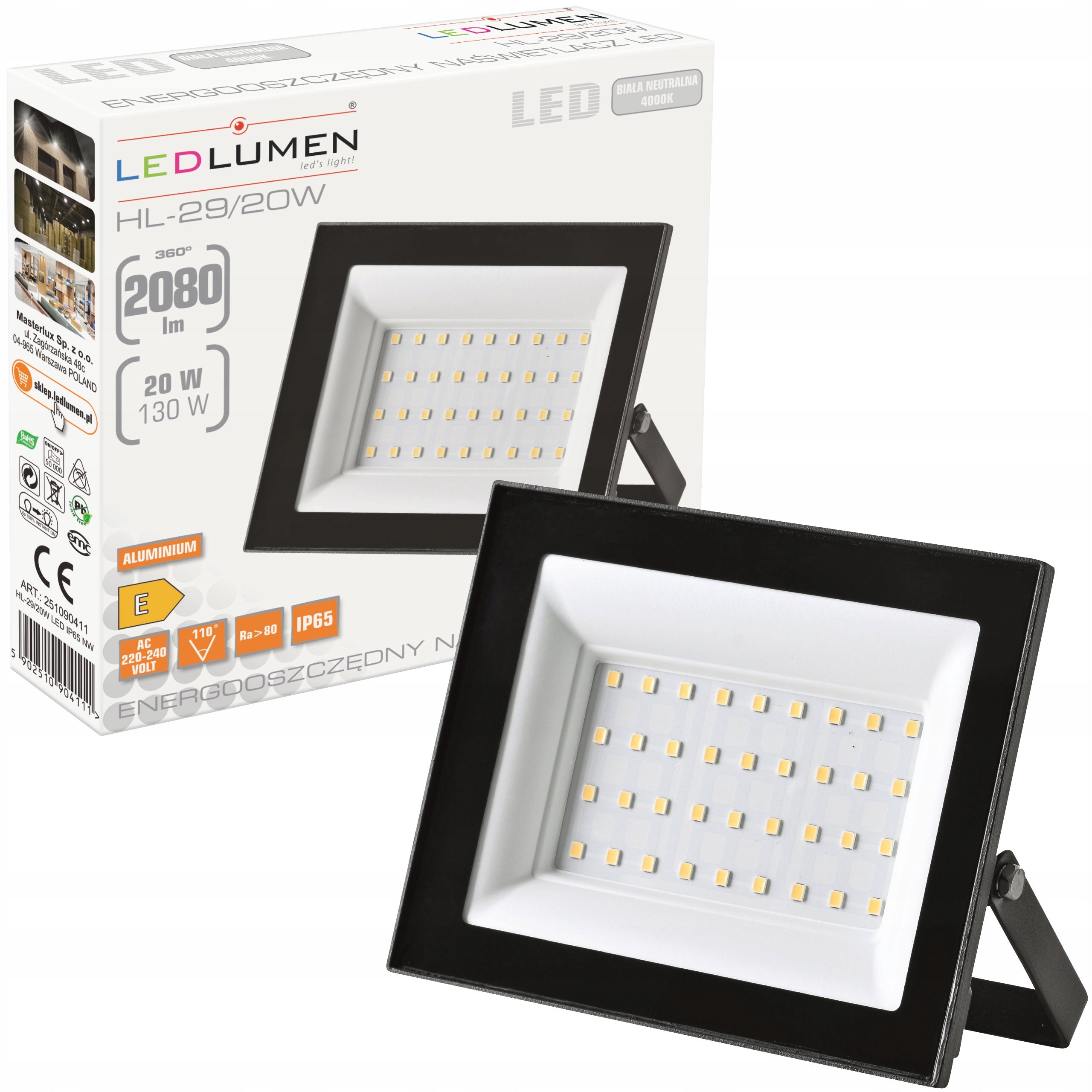 Halogen Floodlight LED Lamp 20W=130W Outdoor IP65 Slim 2080lm 4000K