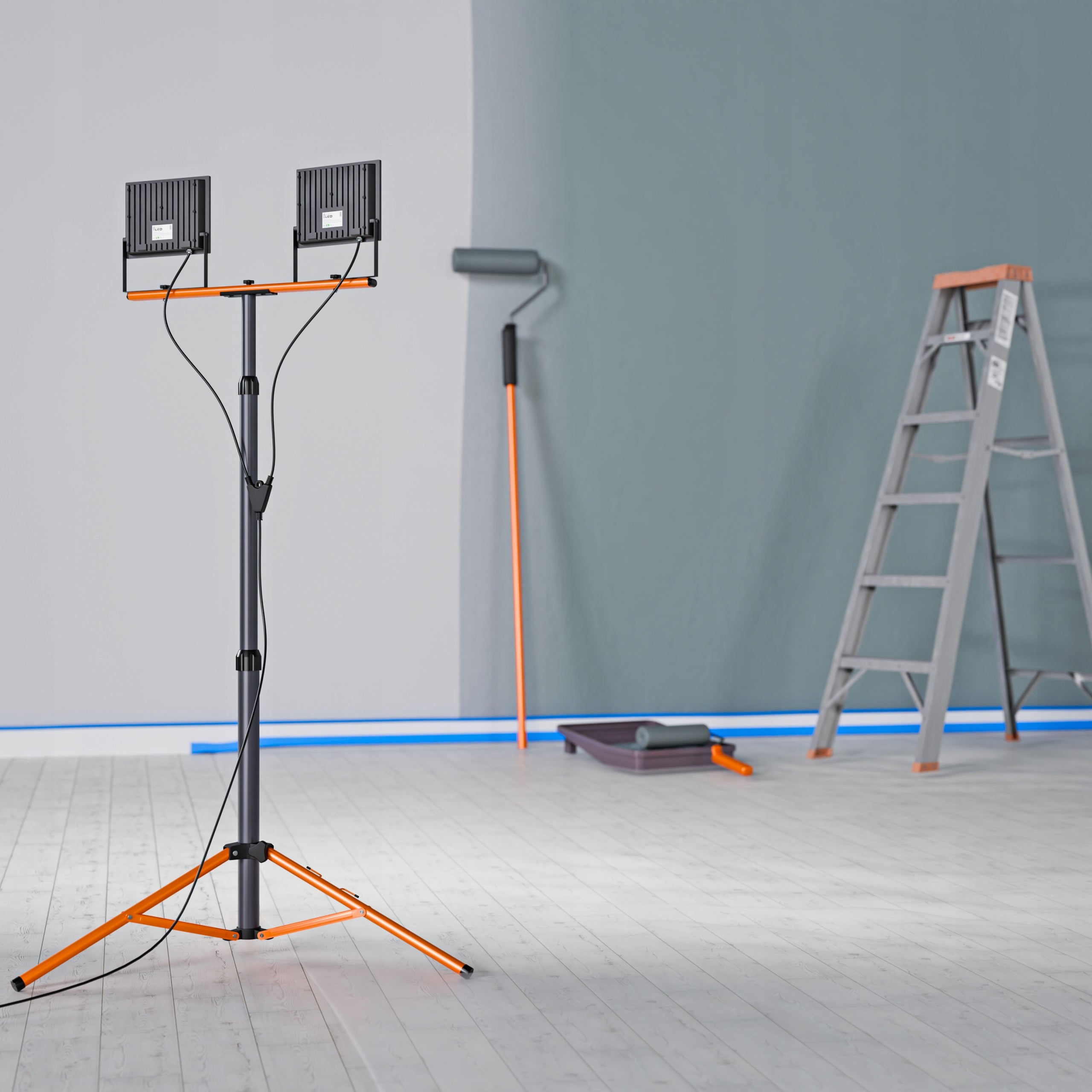 Halogen LED Construction Tripod Floodlight 2x 50W 11000lm Lamp On Stand Brightness 11000 lm