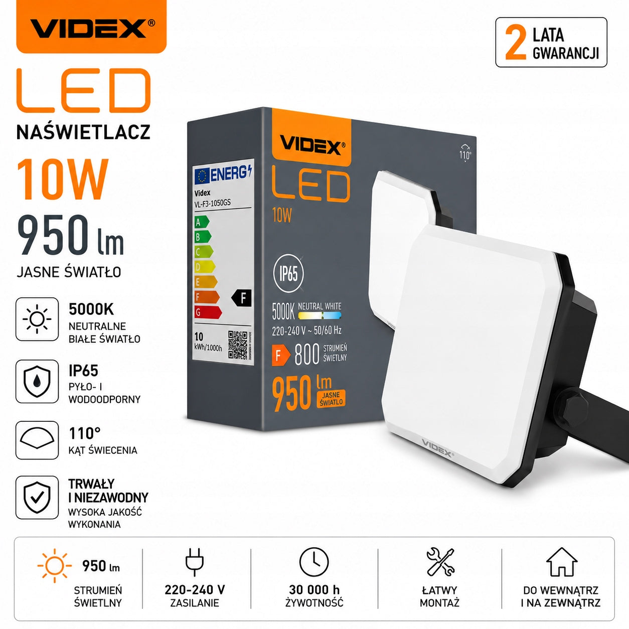 Halogen LED Floodlight Lamp 10W Outdoor VIDEX 5000K IP65 Headlight Packaging status original