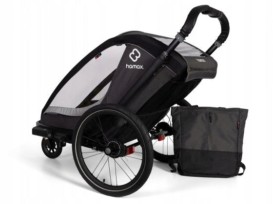 Hamax - COCOON bicycle trailer, double - Grey/black Additional features rain cover brake mosquito net hi-vis reflectors sun visors cargo space foldable trailer design bicycle trailer hook