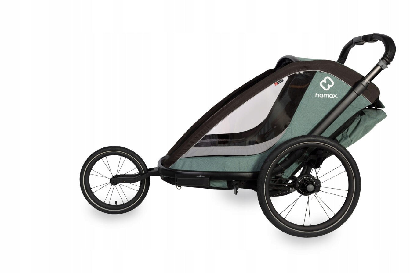 Hamax - COCOON children's bicycle trailer, double - Green/black Additional features rain cover brake mosquito net hi-vis reflectors sun visors pumped wheels cargo space foldable trailer design bicycle trailer hook
