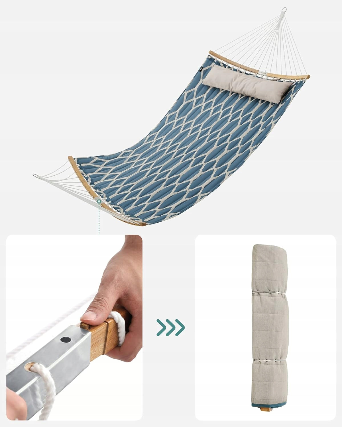 Hammock with bars and quilted pillow 225 kg blue beige 200x140 Model GDC034I02