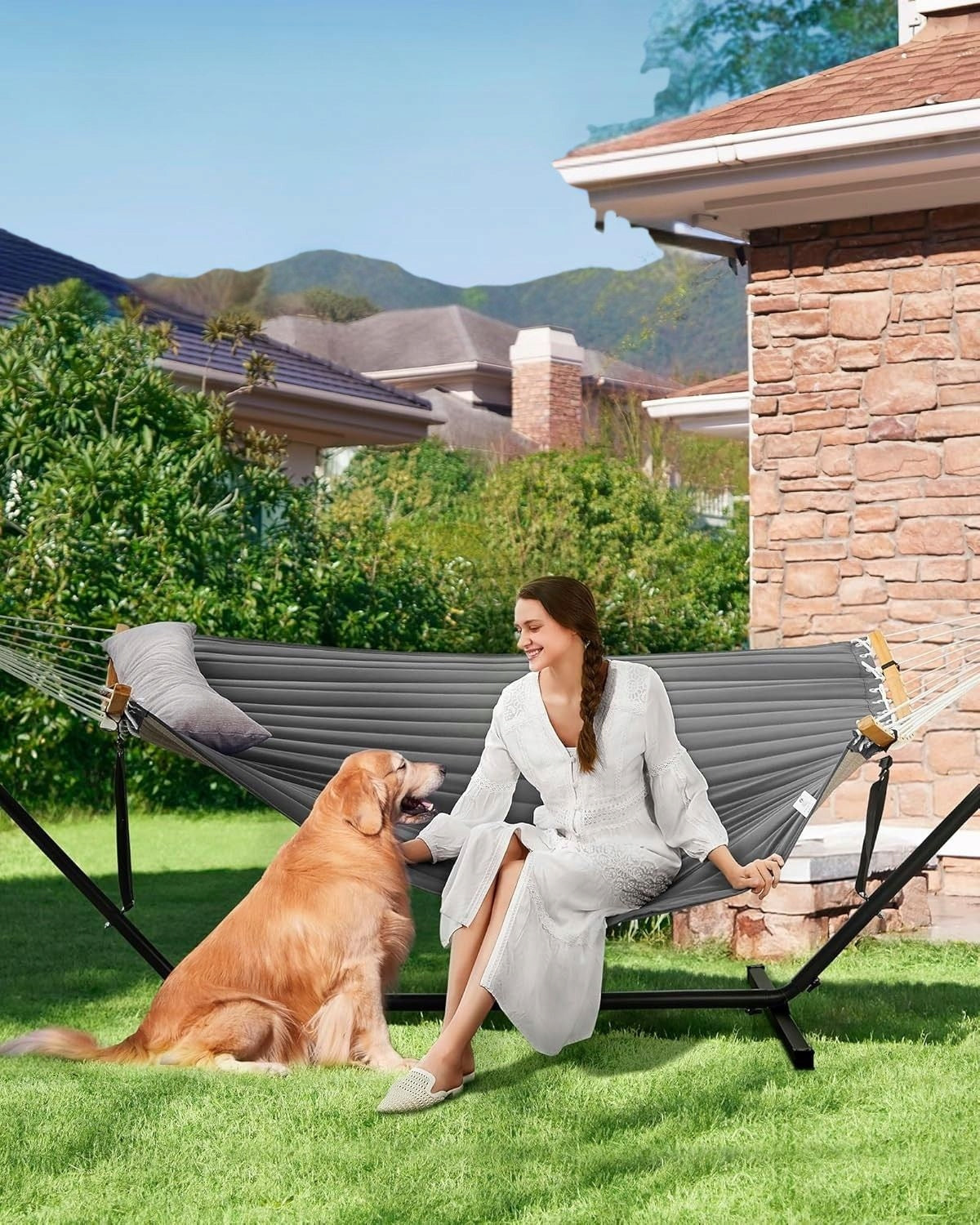 Hammock with frame with bars and quilted pillow 200 kg GREY 200x140 Packaging status original
