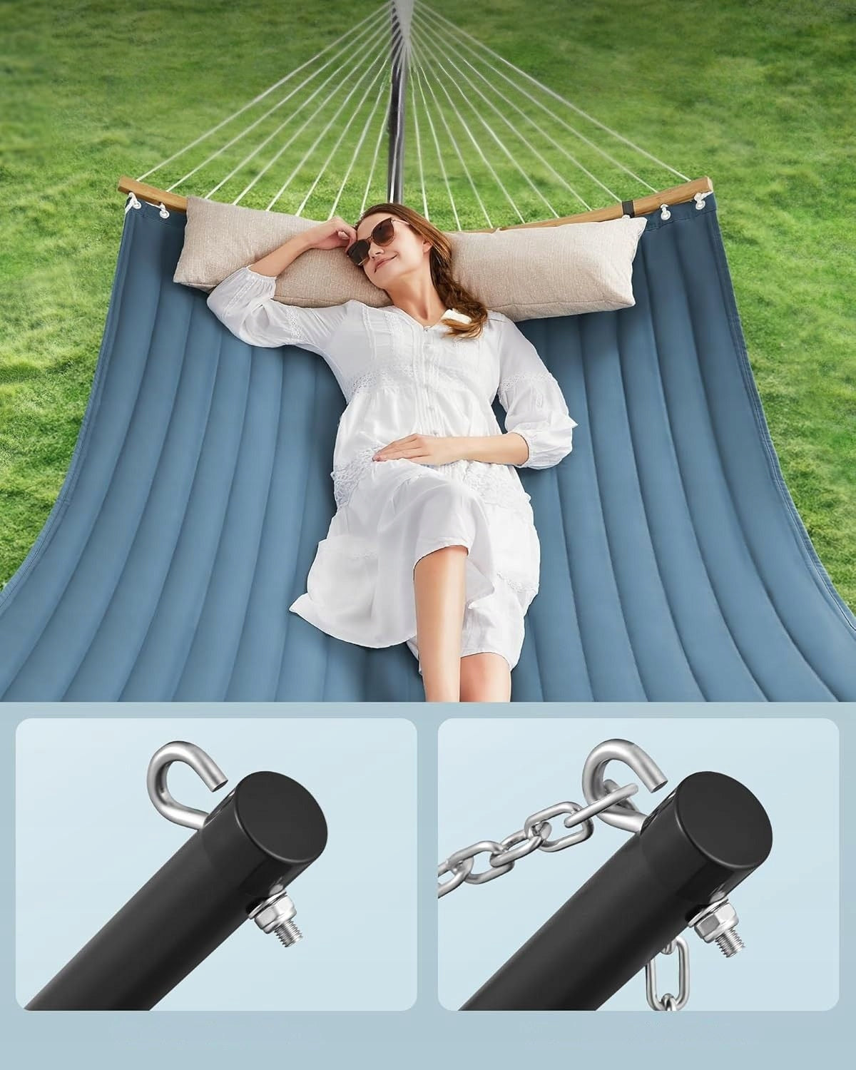 Hammock with frame with bars and quilted pillow 200 kg blue 200x140 Kind hammock with rod