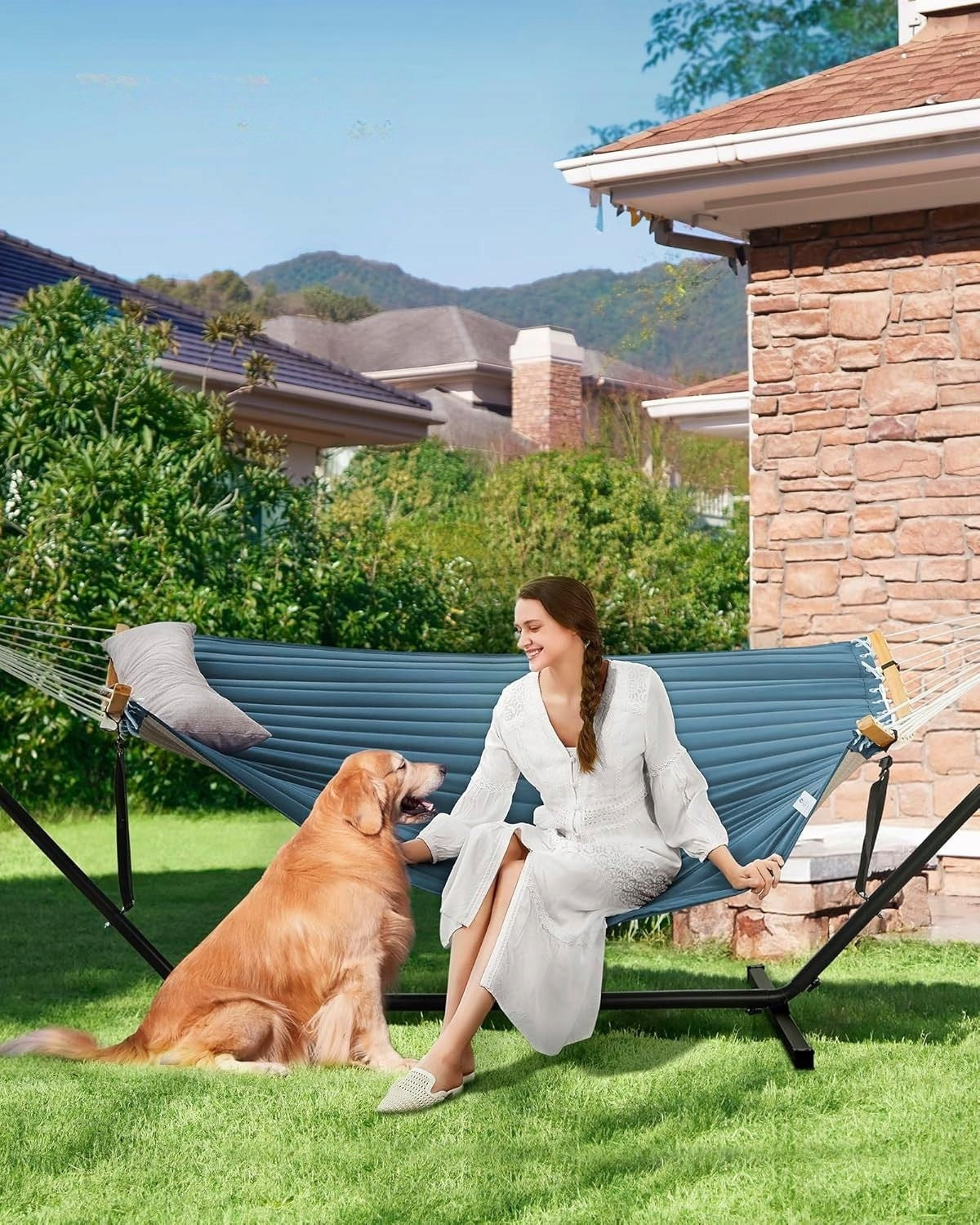 Hammock with frame with bars and quilted pillow 200 kg blue 200x140 Manufacturer Songmics