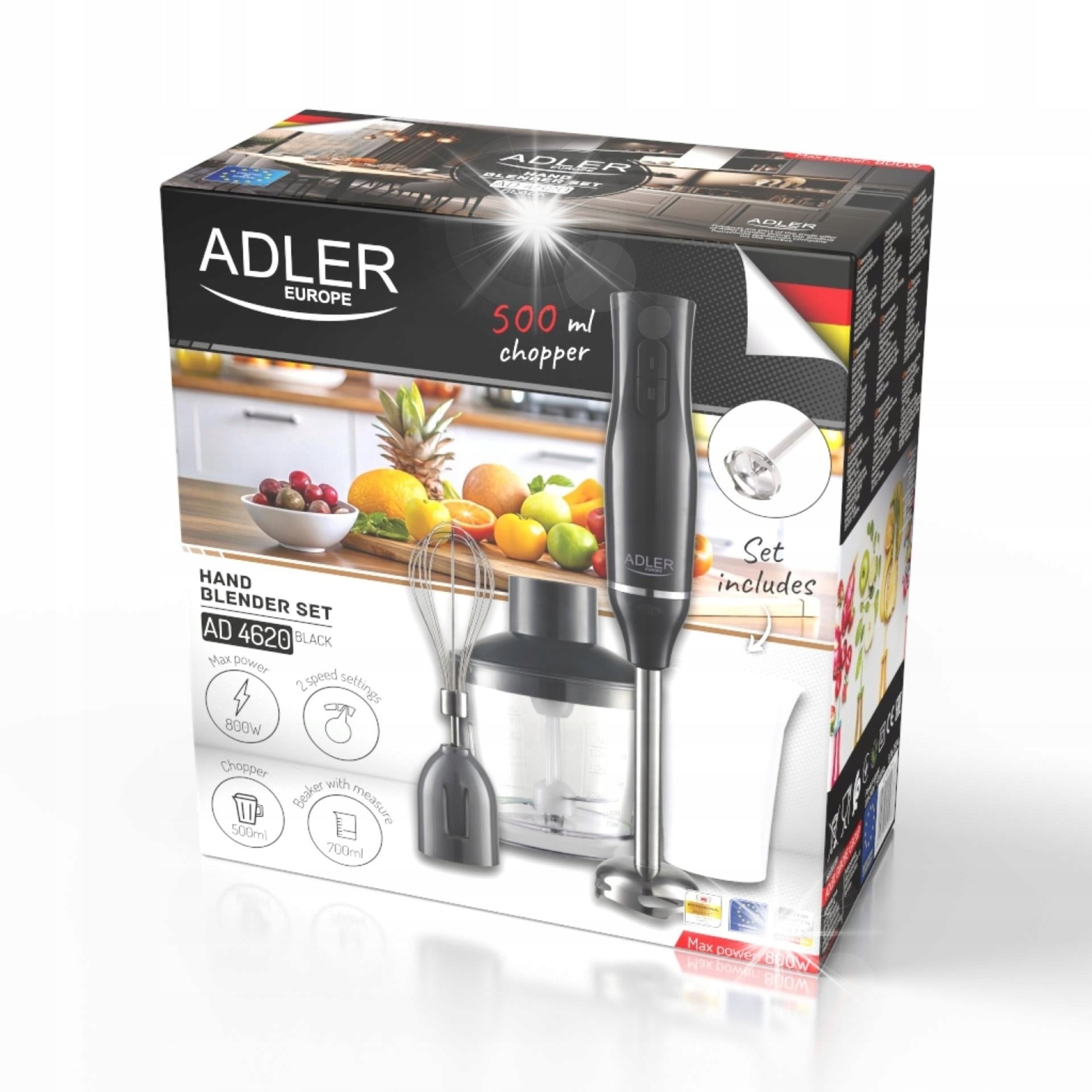 Hand Blender 800W Steel Blades Container 700ml Shredder Scoop ADLER