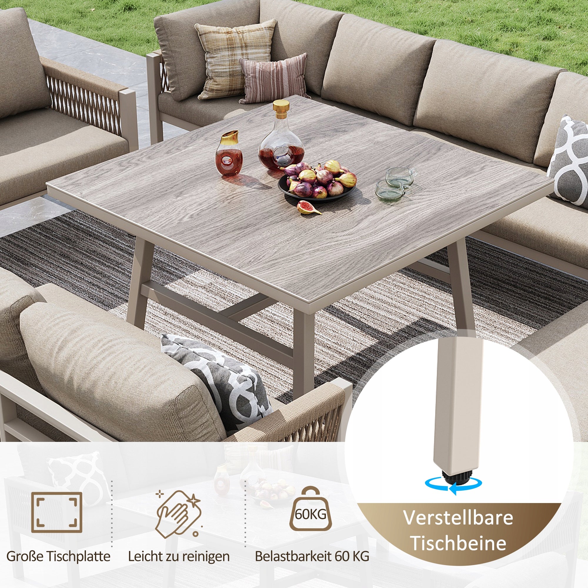 Hand-woven L-shaped garden sofa set, beige cushions, wood-look glass table Color beige