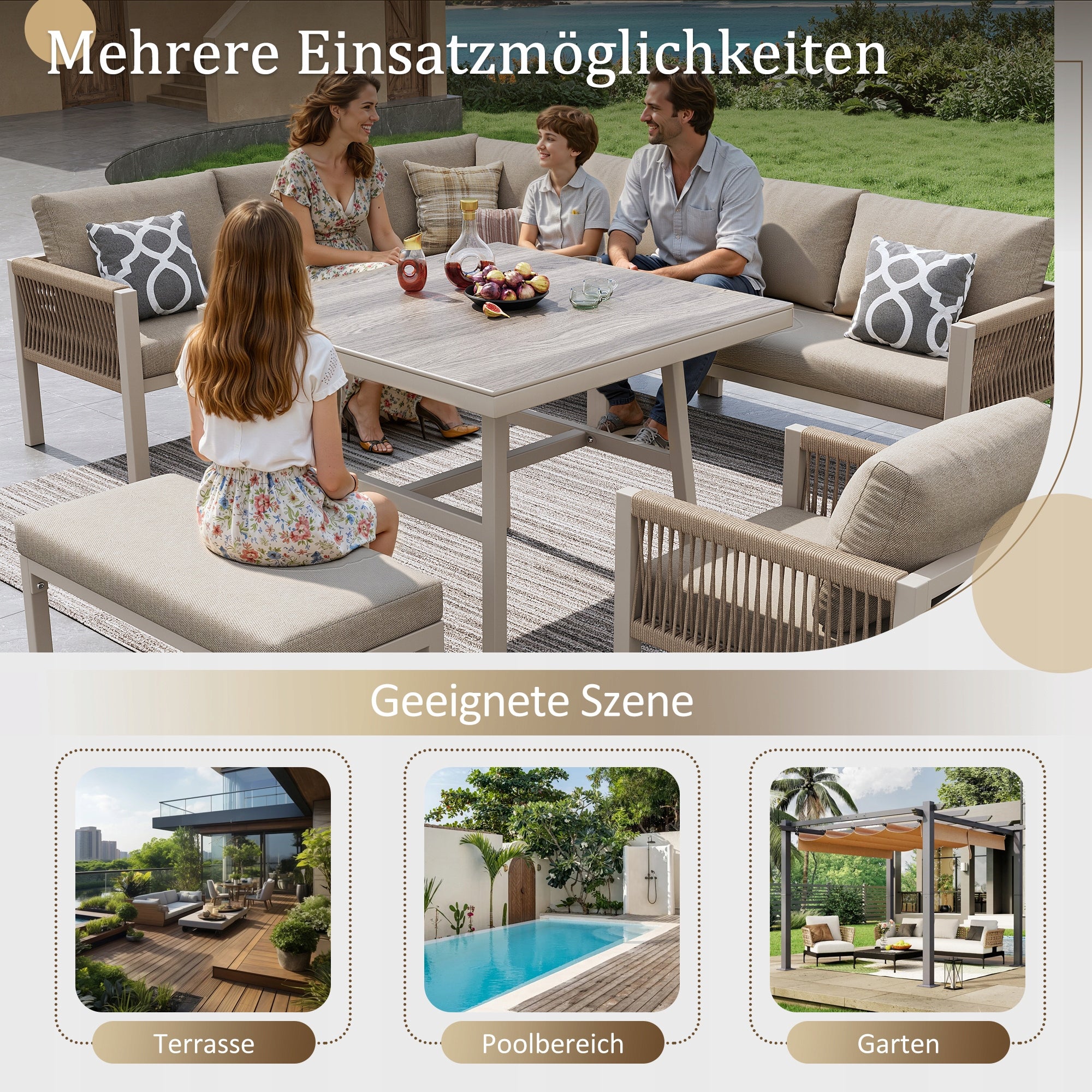 Hand-woven L-shaped garden sofa set, beige cushions, wood-look glass table Main material metal