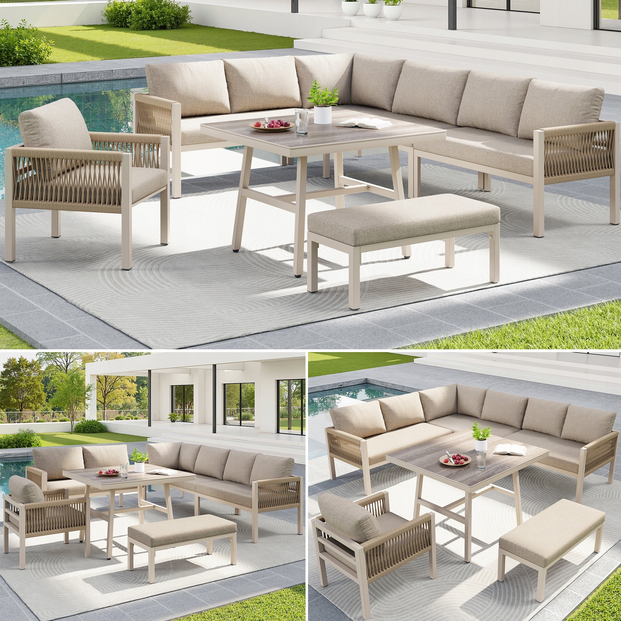 Hand-woven L-shaped garden sofa set, beige cushions, wood-look glass table Number of items in the set 8