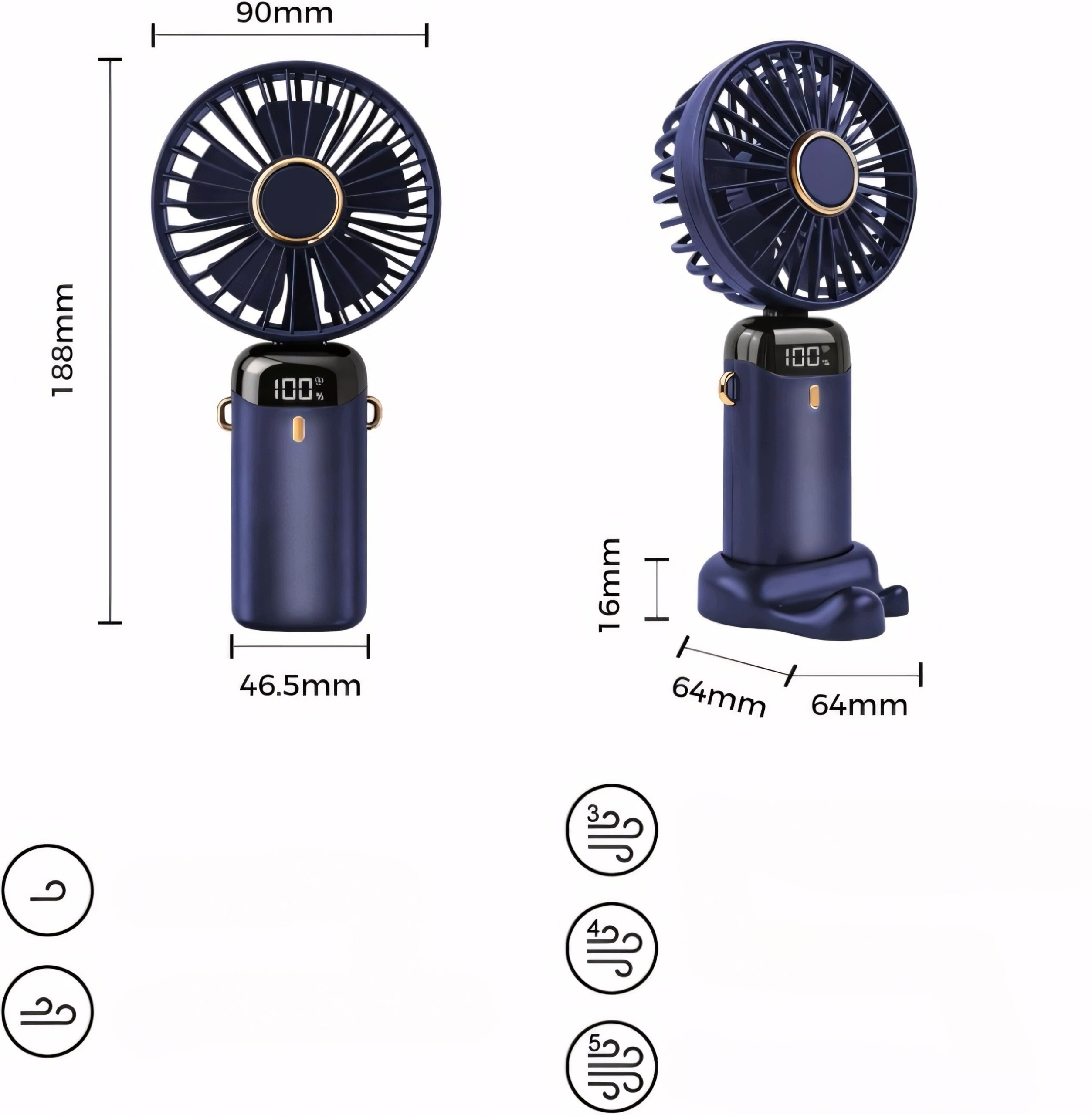 Handheld Fan Mini Windmill Foldable USB 5000mAh Quiet Blue Packaging status original