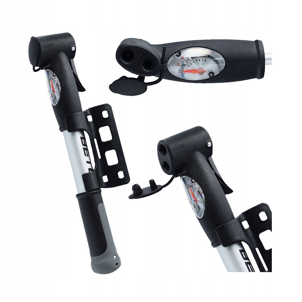 Handheld bicycle pump with bicycle pressure gauge with valve clamp AV/DV/FV