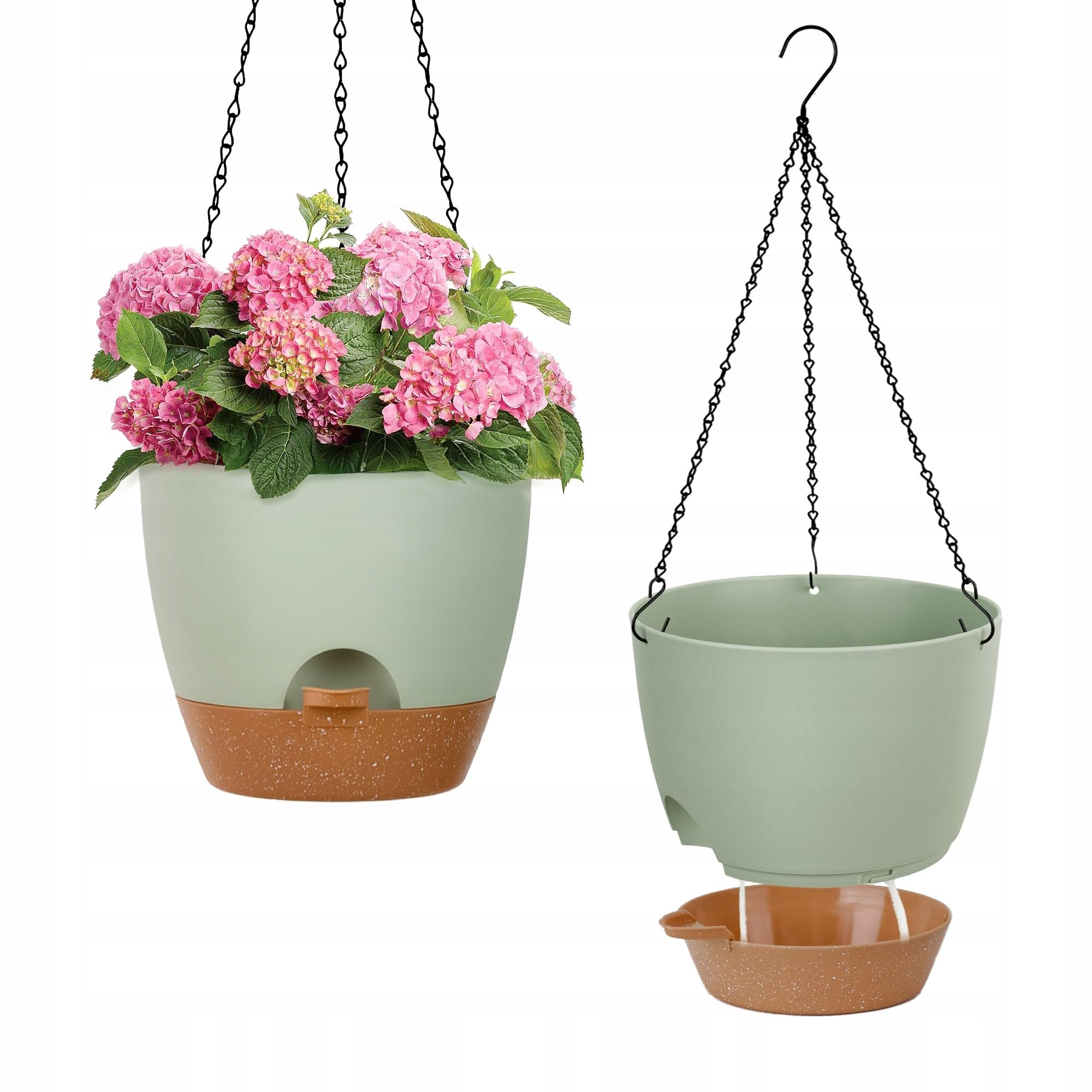 Hanging Flower Pot Plastic with Drainage Holes 15cm 2pcs Set Green