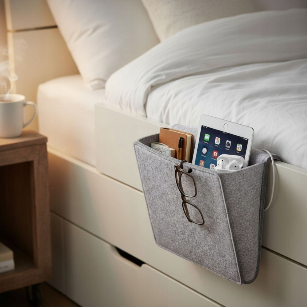 Hanging org.anizer for bed, remote controls, accessories, grey