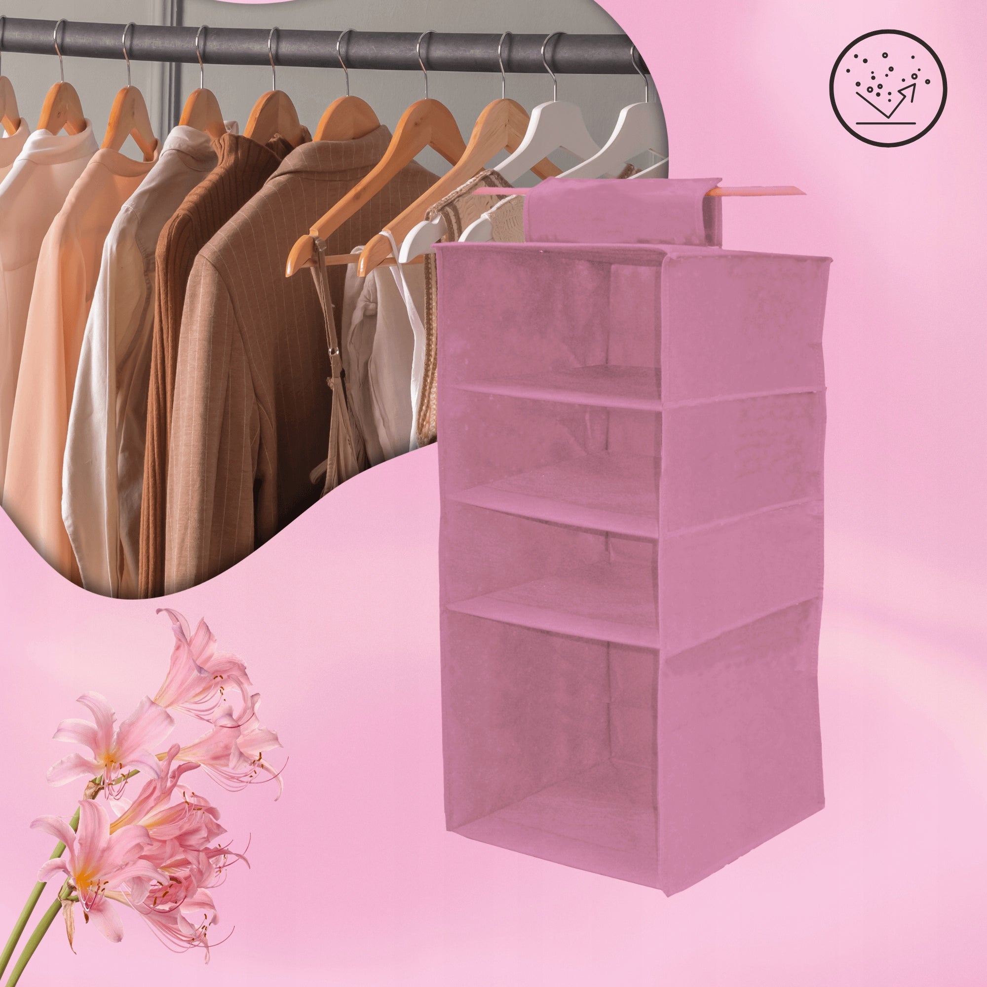 Hanging organizer with 4 compartments, pink, 33x33x82cm for railing, Velcro Product height 82 cm