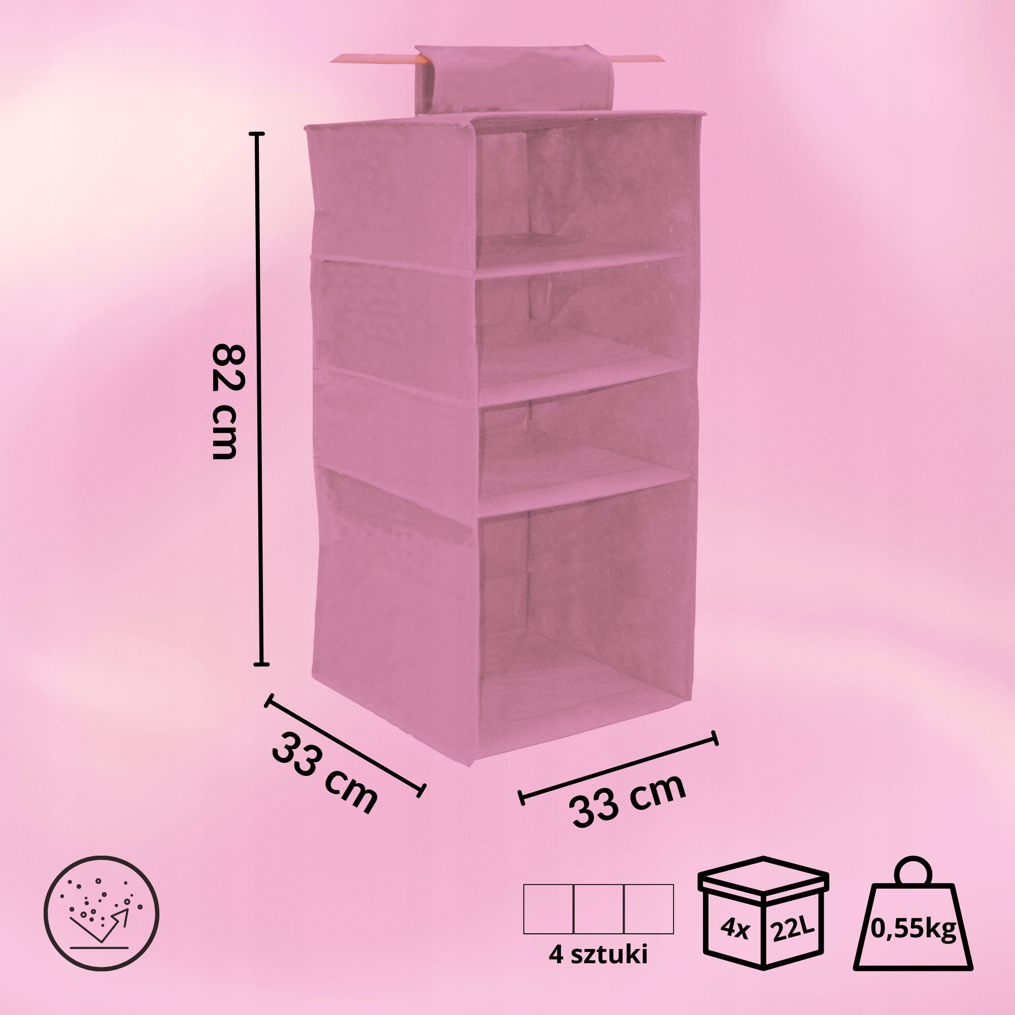 Hanging organizer with 4 compartments, pink, 33x33x82cm for railing, Velcro Product width 33 cm