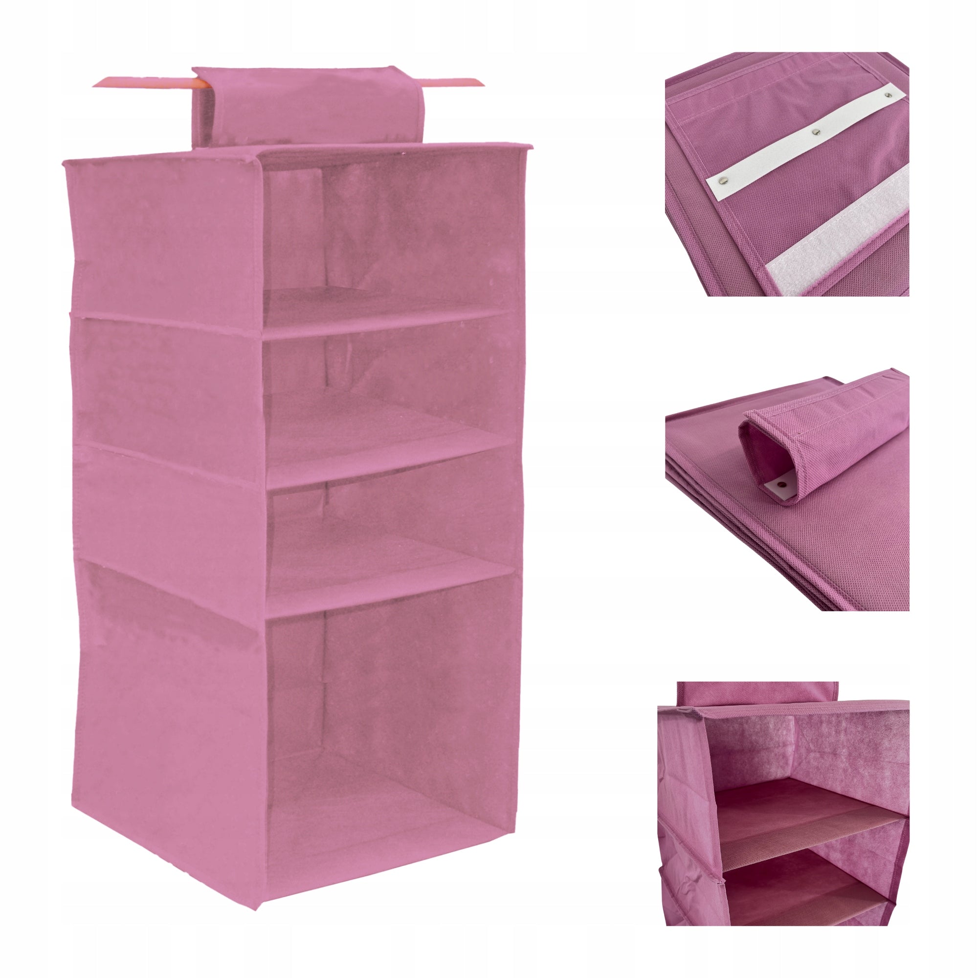 Hanging organizer with 4 compartments, pink, 33x33x82cm for railing, Velcro