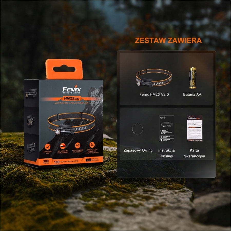 Headlamp Fenix HM23 V2.0 300 lumens AA 88 meters + Battery + Set Customs tariff code 85131000