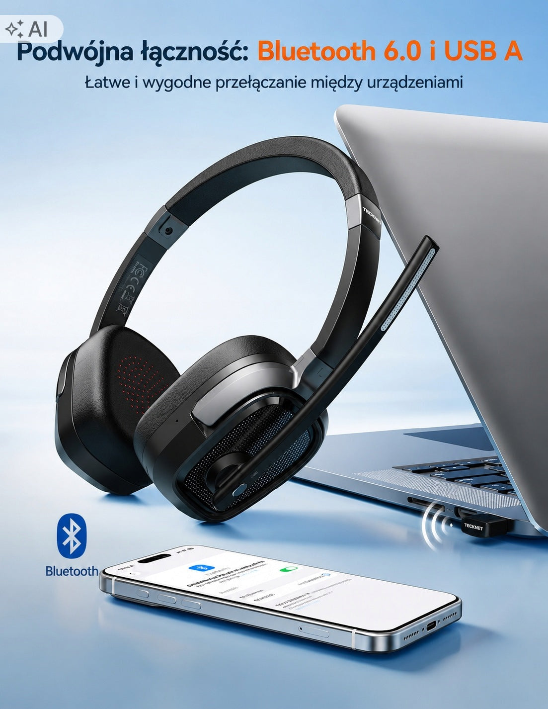 Headphones TECKNET Bluetooth 6.0 Microphone ENC AI USB-A 50h for PC Phone Manufacturer code PPA19-16687