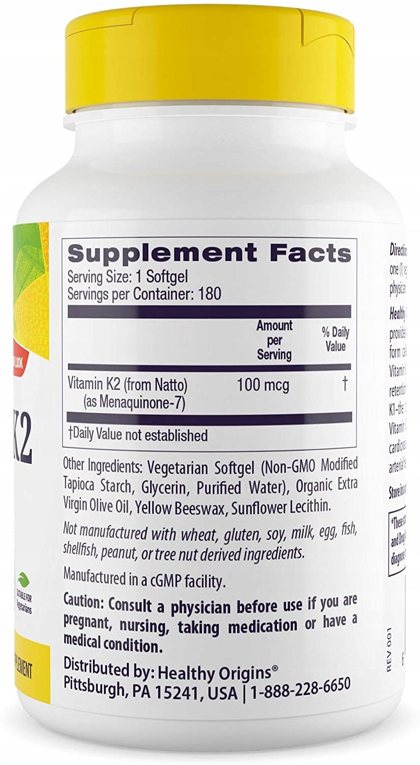 Healthy Origins Vitamin K2 MK-7 100 mcg 180 Softgels Vegetable Vitamin K2 mk7 Brand Healthy Origins