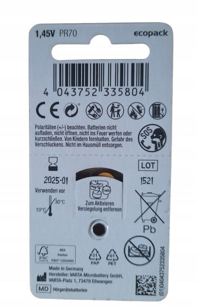 Hearing Aid Batteries PR70 1,45 V 6 Pack StarQ EAN (GTIN) 4043752335804