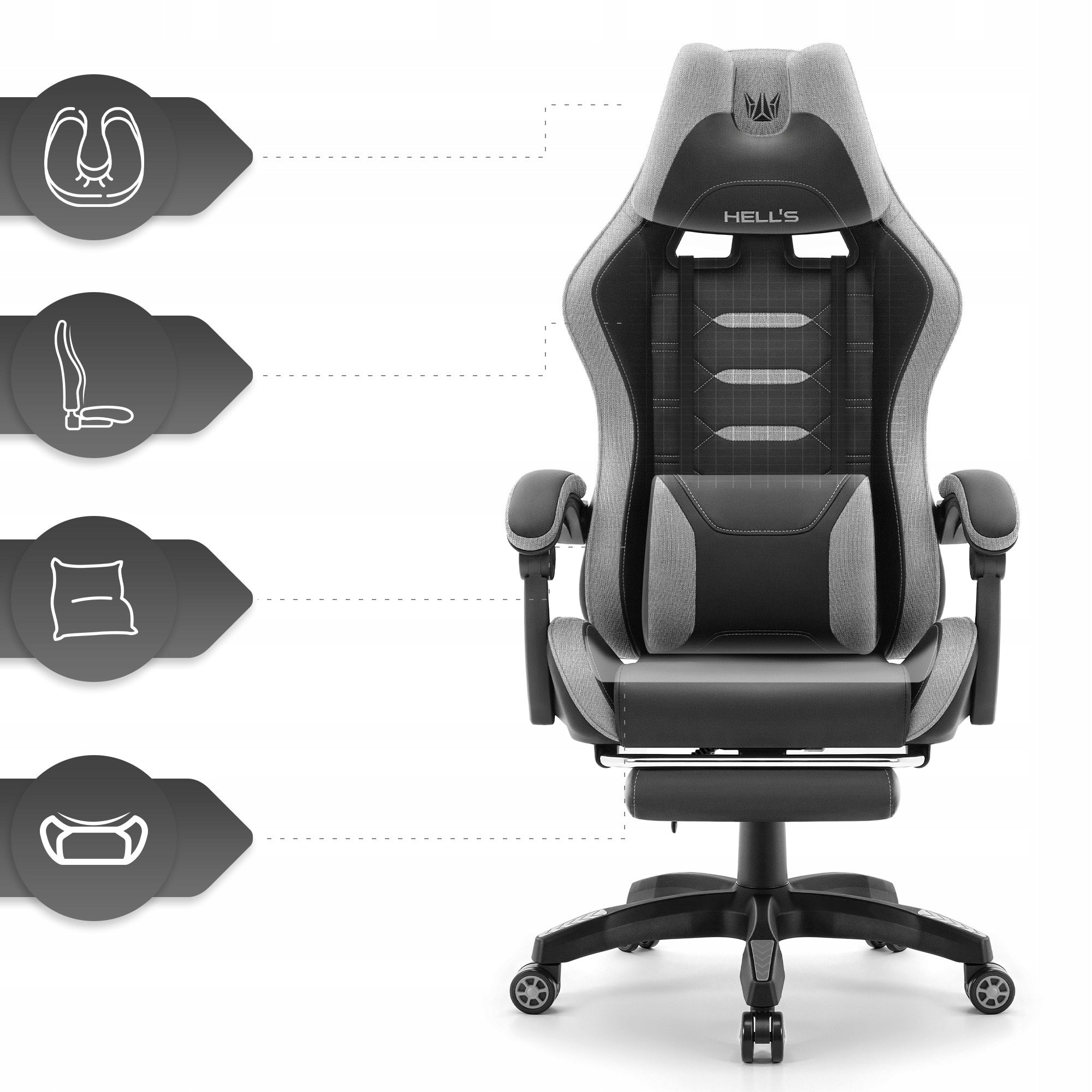 Hell's Chair HC- 1039 2.0 Black- Grey with Footrest Model HC- 1039 2.0 Black- Grey Tkanina
