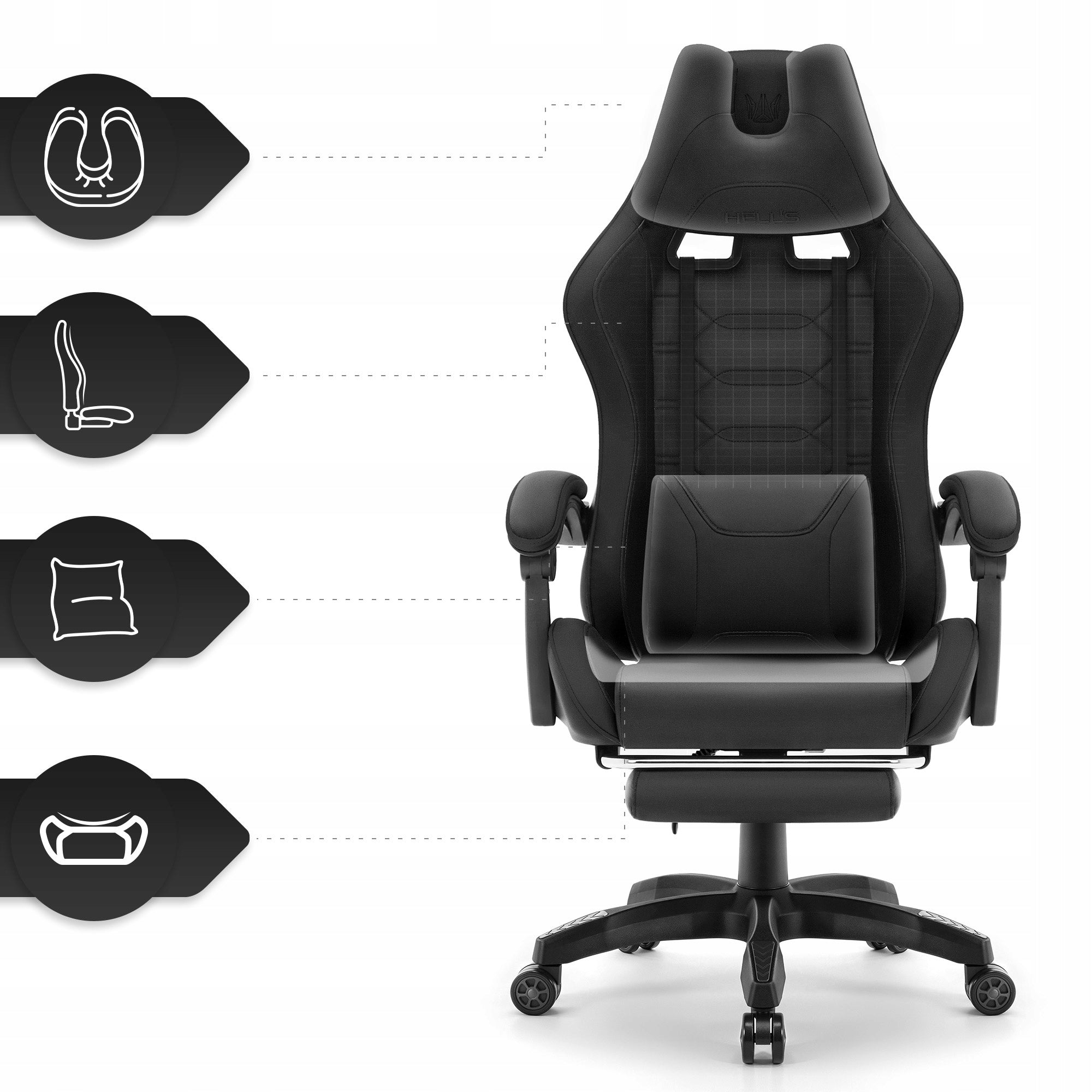 Hell's Chair HC- 1039 2.0 Black with Footrest Model HC- 1039 2.0 Black