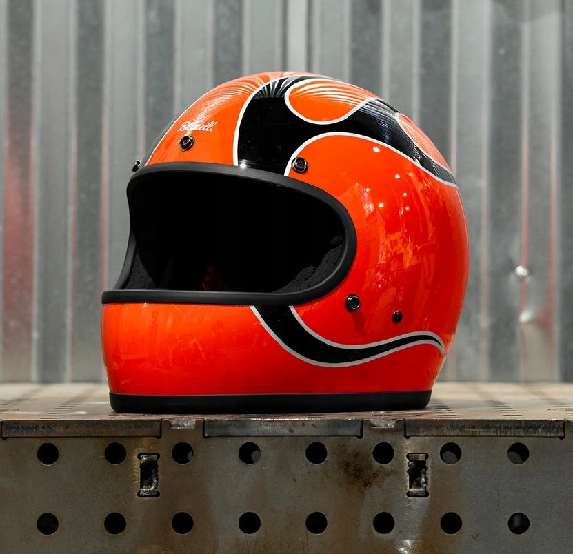 Helmet Biltwell Gringo Orange Flames Harley chopper bobber vintage flames