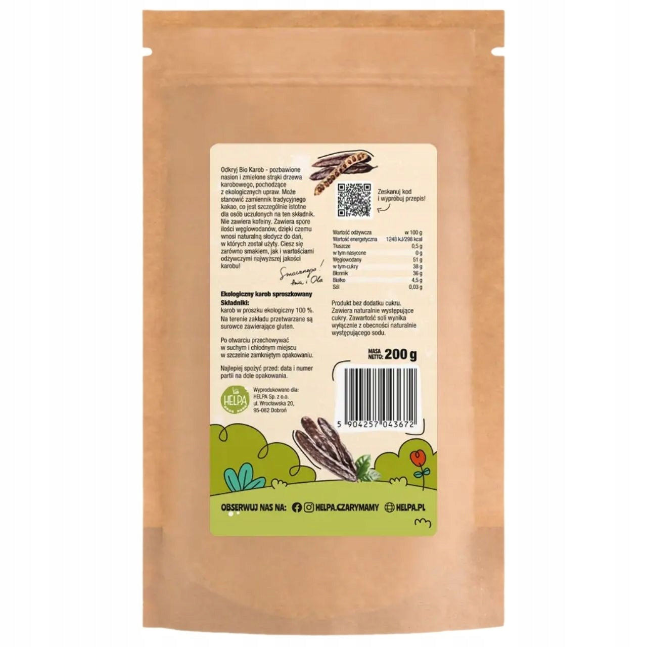 Helpa Bio Karob Powder Organic Healthy Replacement For Cocoa 200 g Packaging status original