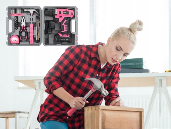 Hi-Spec 30pc Pink 12V Electric Power Drill Driver Set & Household Tool Kit Brand Hi-Spec