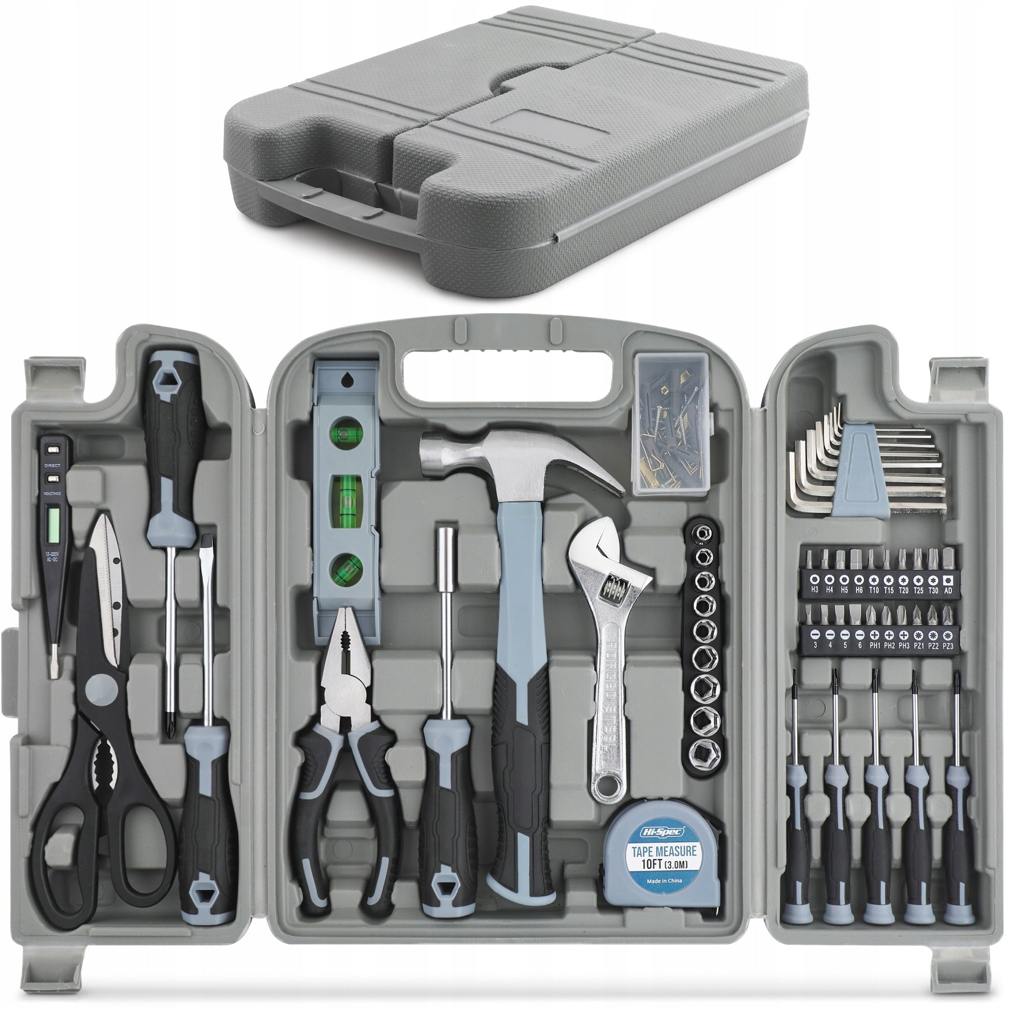Hi-Spec 56pc Grey Home DIY Repair Hand Tool Kit Box Set. Household & Garage