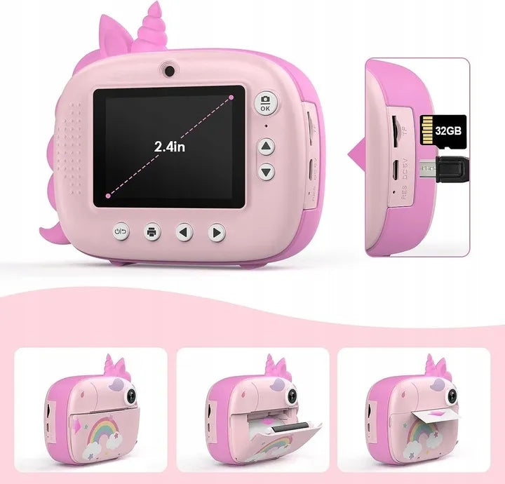 HiMont Instant Camera with Unicorn Kids Printer + 32GB Card Batteries included yes