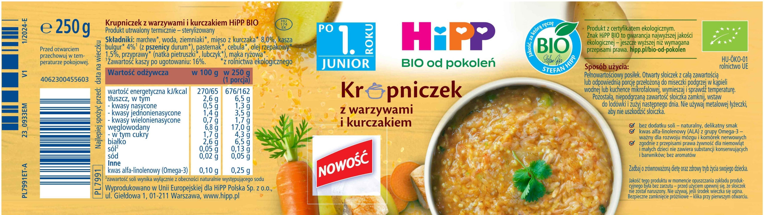 HiPP BIO Krupniczek with vegetables and chicken after 1st year 250 g Manufacturer code 4062300455603