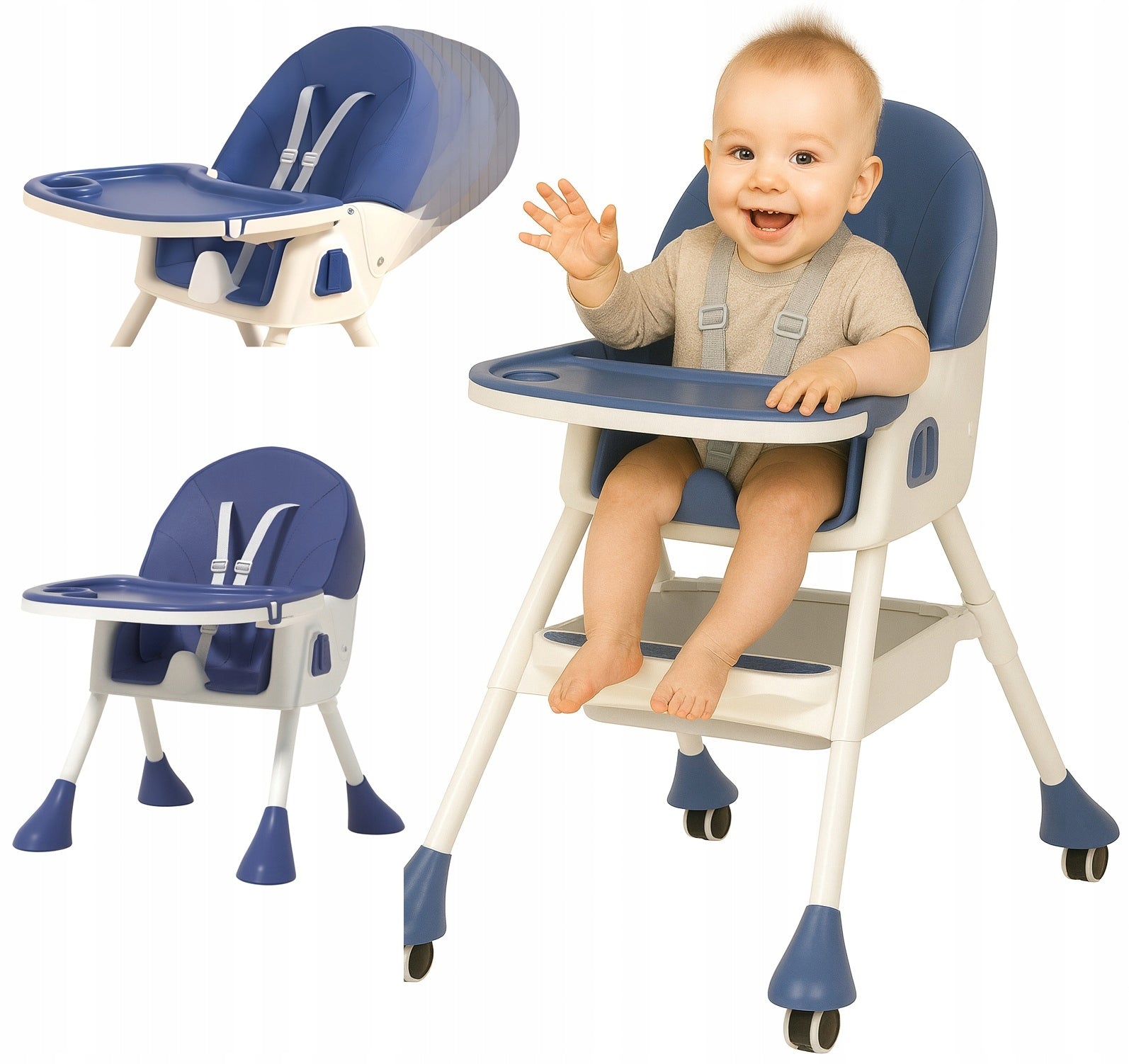 Highchair 4in1 folding child seat tray blue