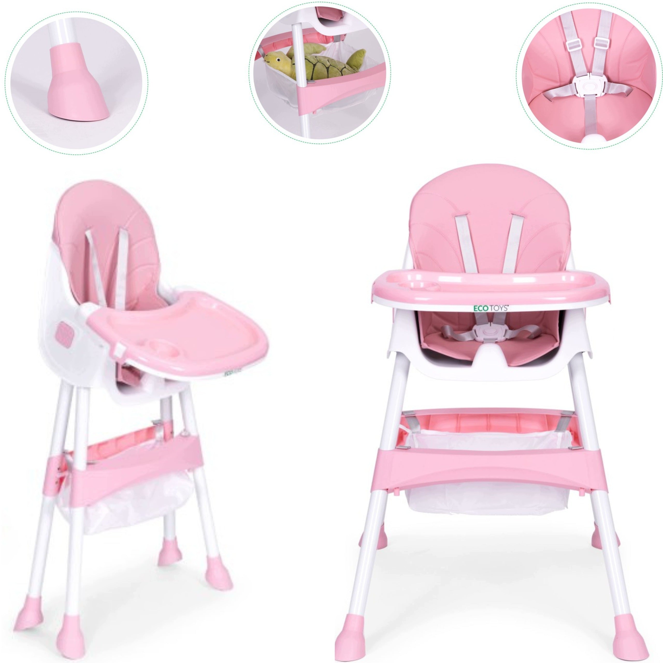 Highchair 6-36 M, Folding Seat Adjustable Tray 2in1 Pink