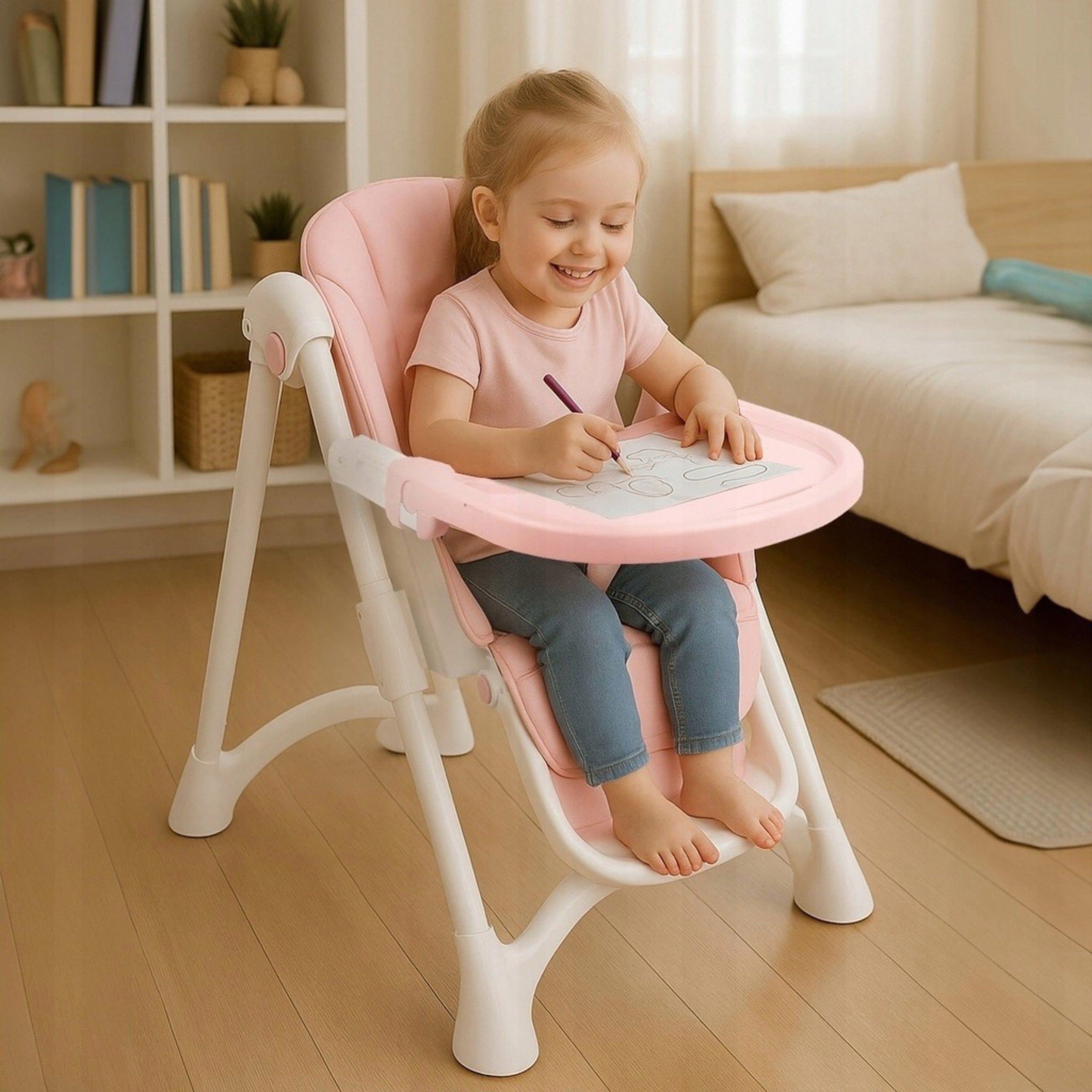 Highchair Adjustable for Feeding Folding Seat Tray Wheels for Children Packaging status original