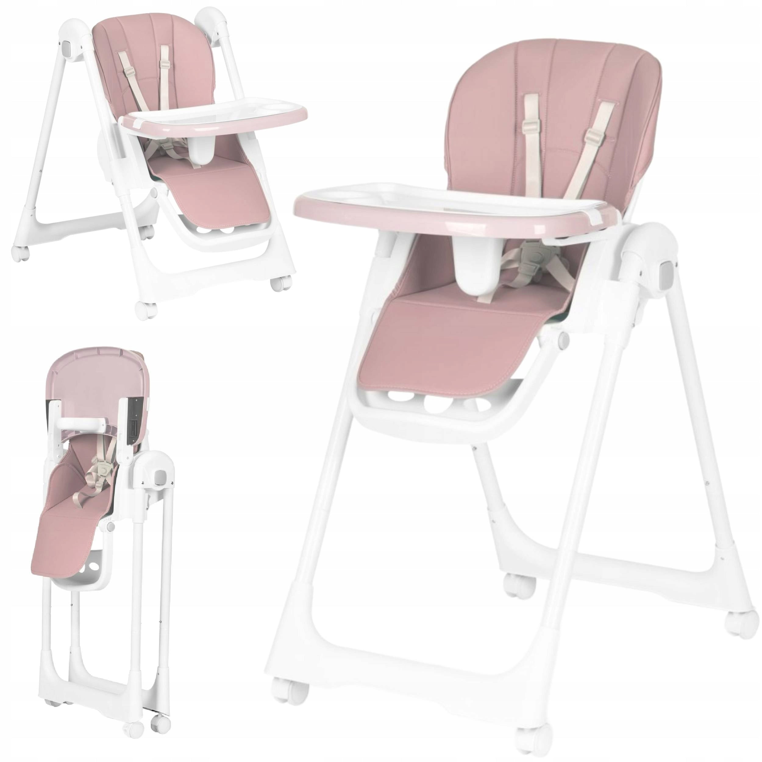 Highchair Feeding Seat Adjustable Folding Straps Tray Wheels Pink