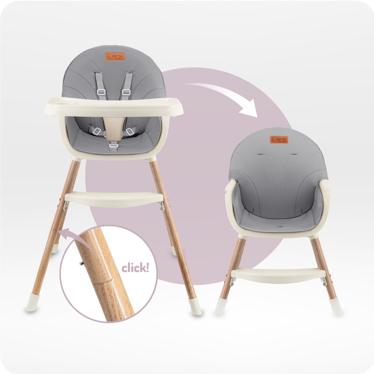 Highchair MoMi REKI grey - 2in1 double tray footrest Color shades of gray and silver