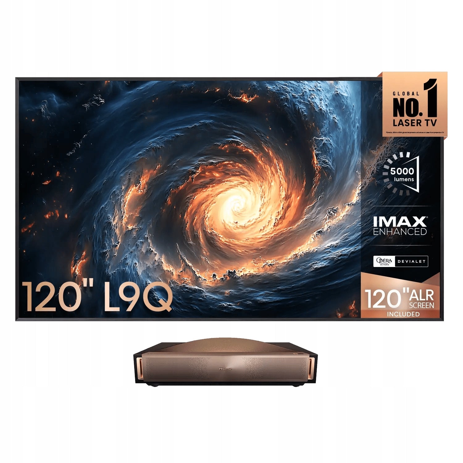Hisense 120L9Q projector with 120" screen