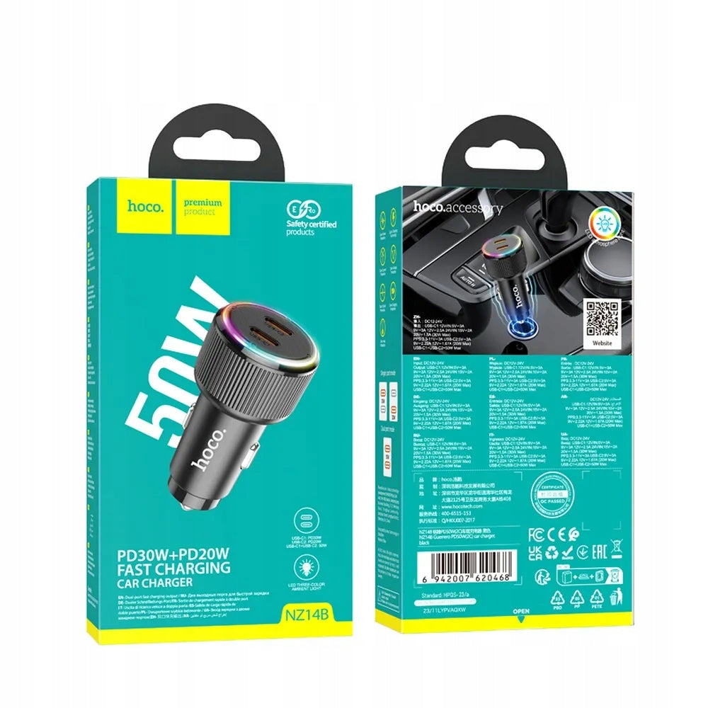 Hoco 2 x USB C QC PD 50W NZ14B Car Charger - Black Packaging status original