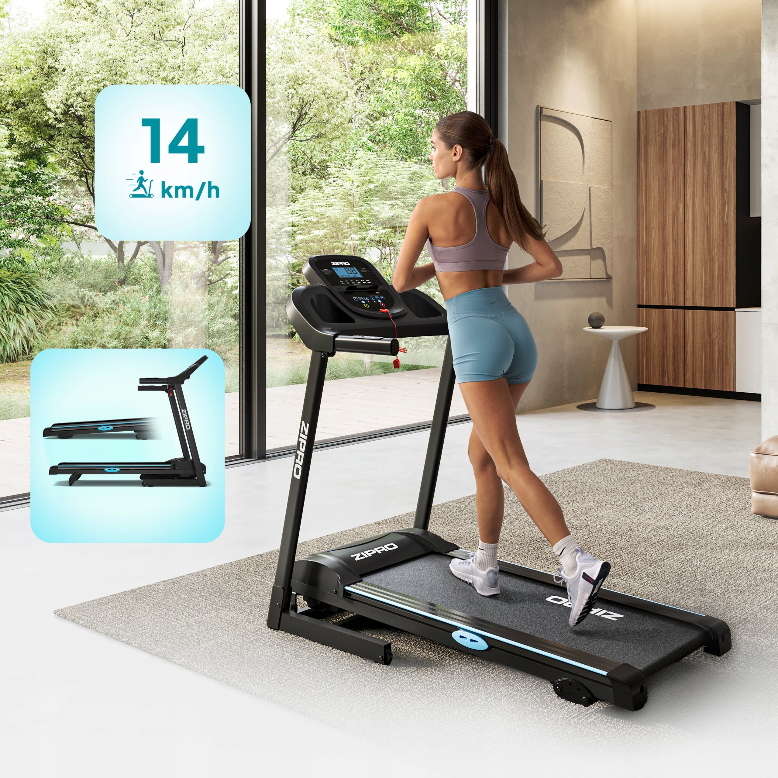 Home Electric Treadmill Folding Belt Slope + Shock Absorption - Zipro Model Tekno