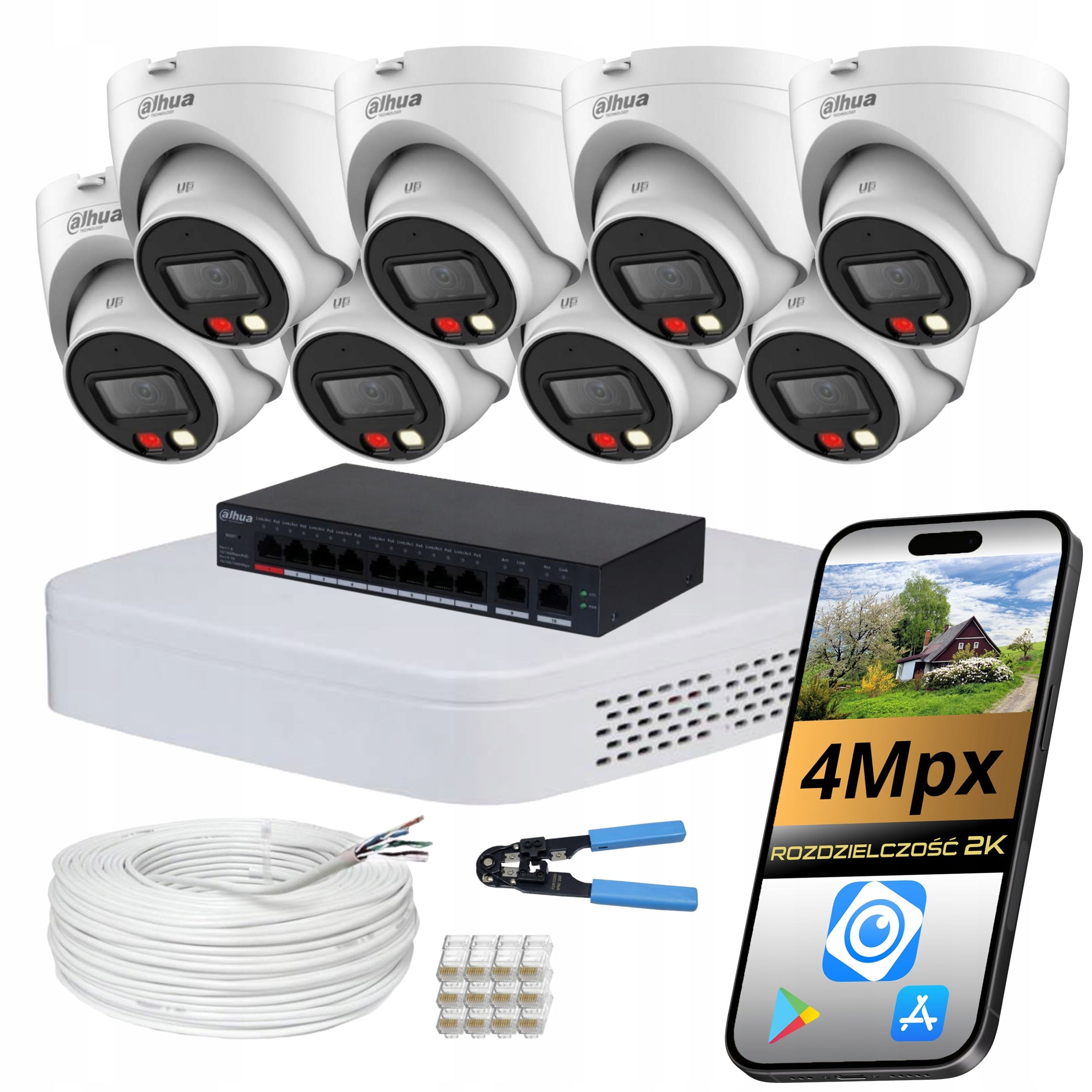 Home Monitoring Kit 8 Outdoor IP PoE Cameras 4Mpx 2K IR LED DAHUA