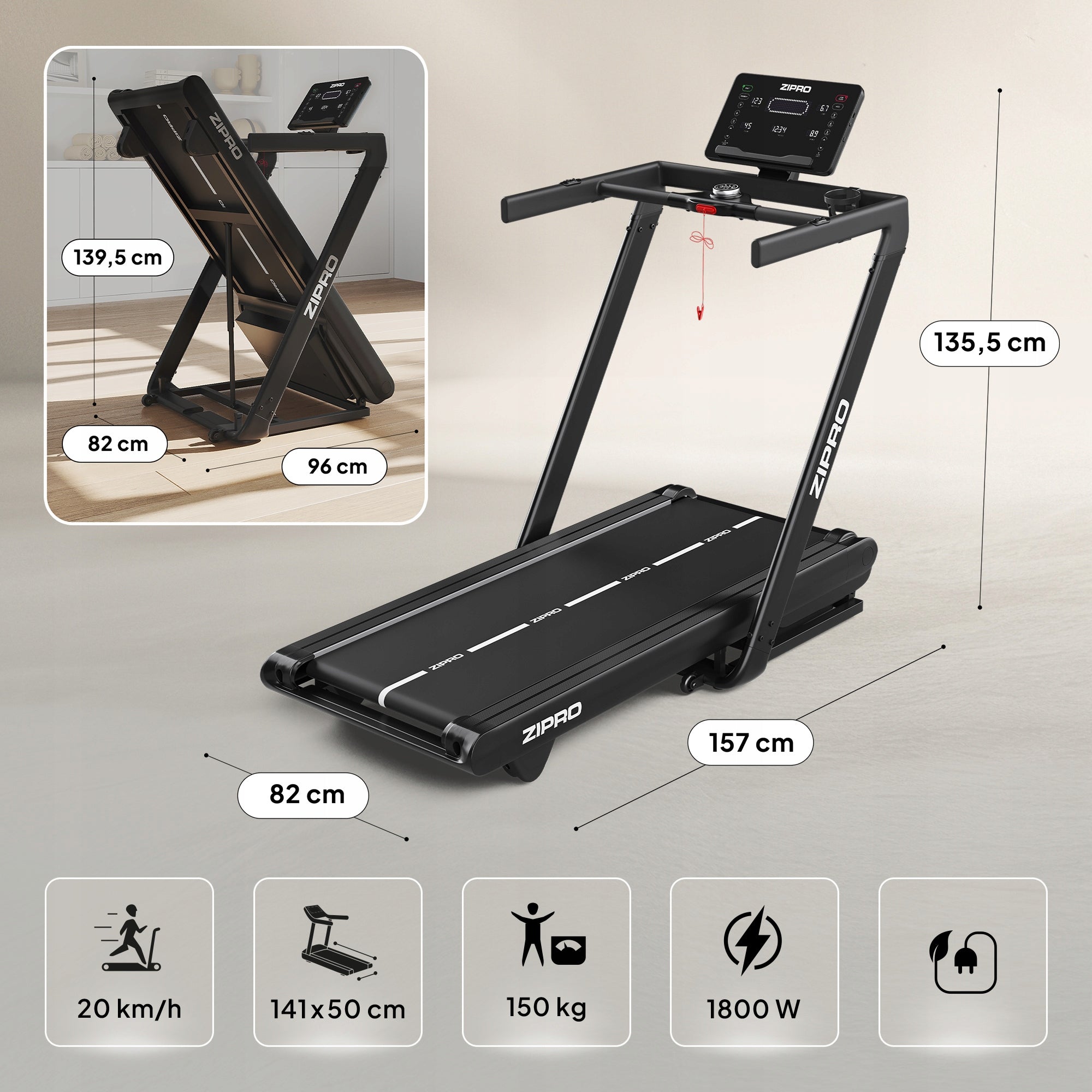 Home Treadmill Electric Folding Belt Slope Shock Absorption - Zipro Measurements training duration distance speed pulse burned calories
