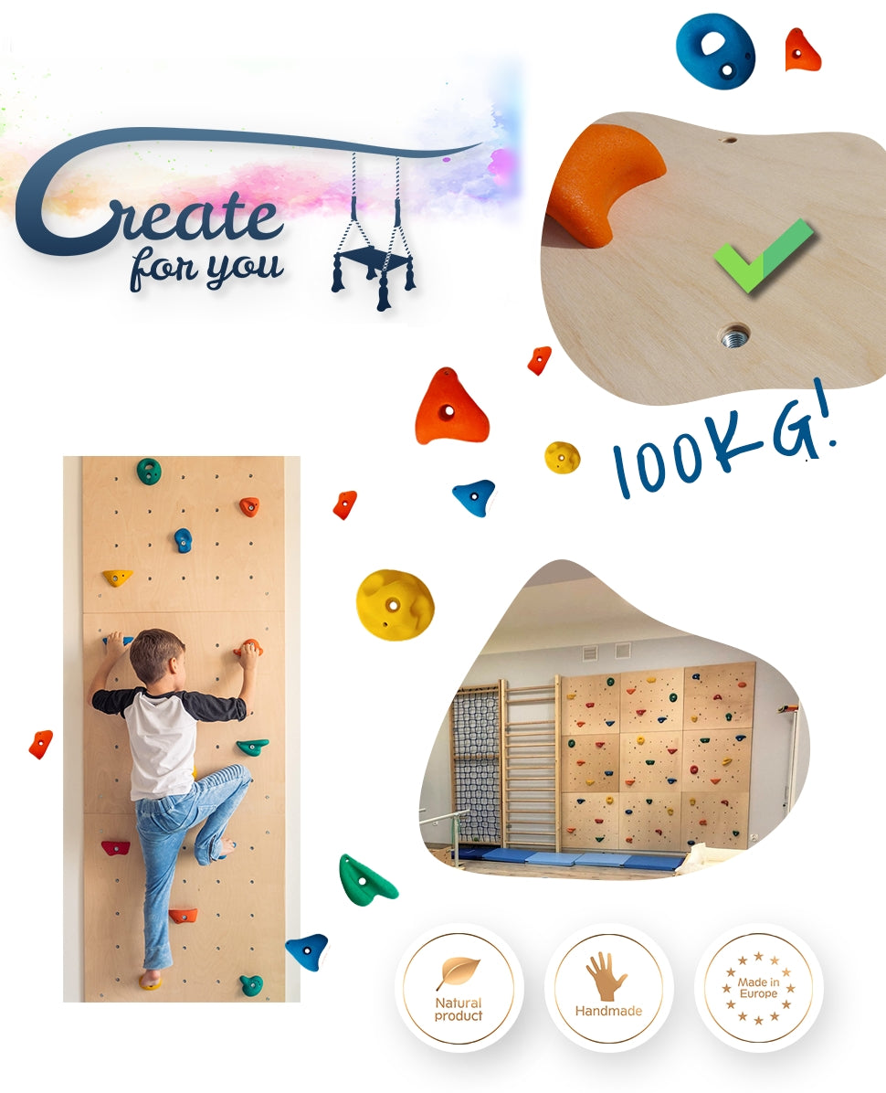 = Home climbing wall for children 225x75 + 15 climbing holds = Kid's age 3+ years