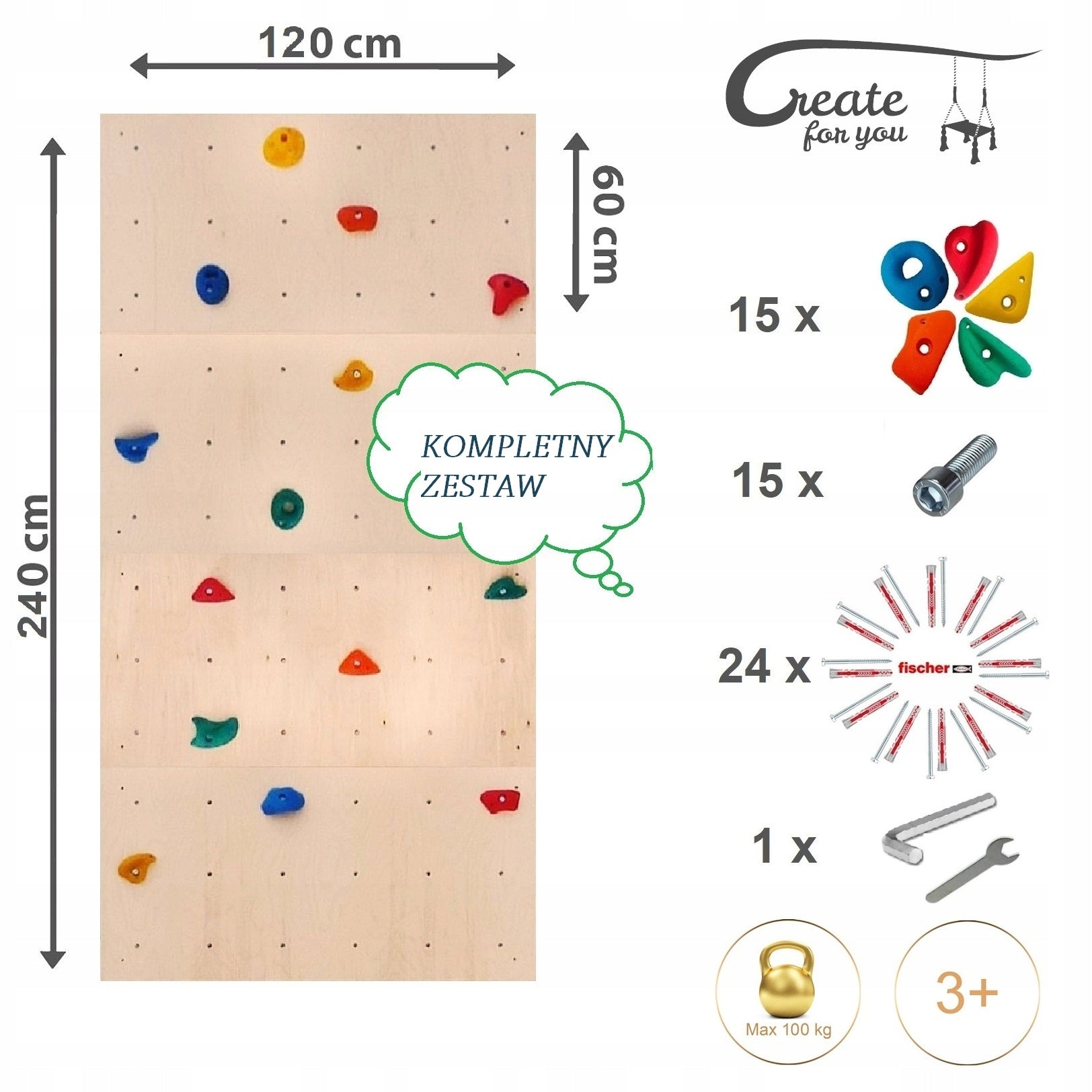 = Home climbing wall for children 240x120 + climbing stones = Manufacturer code 08 WDx4