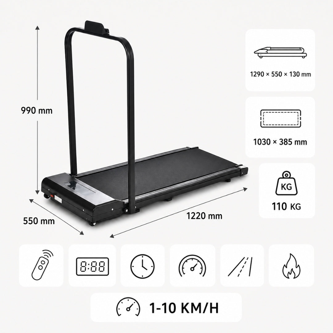 Home electric treadmill 1-10 km/h under bed stand LARGE DISPLAY Belt width 38.5 cm