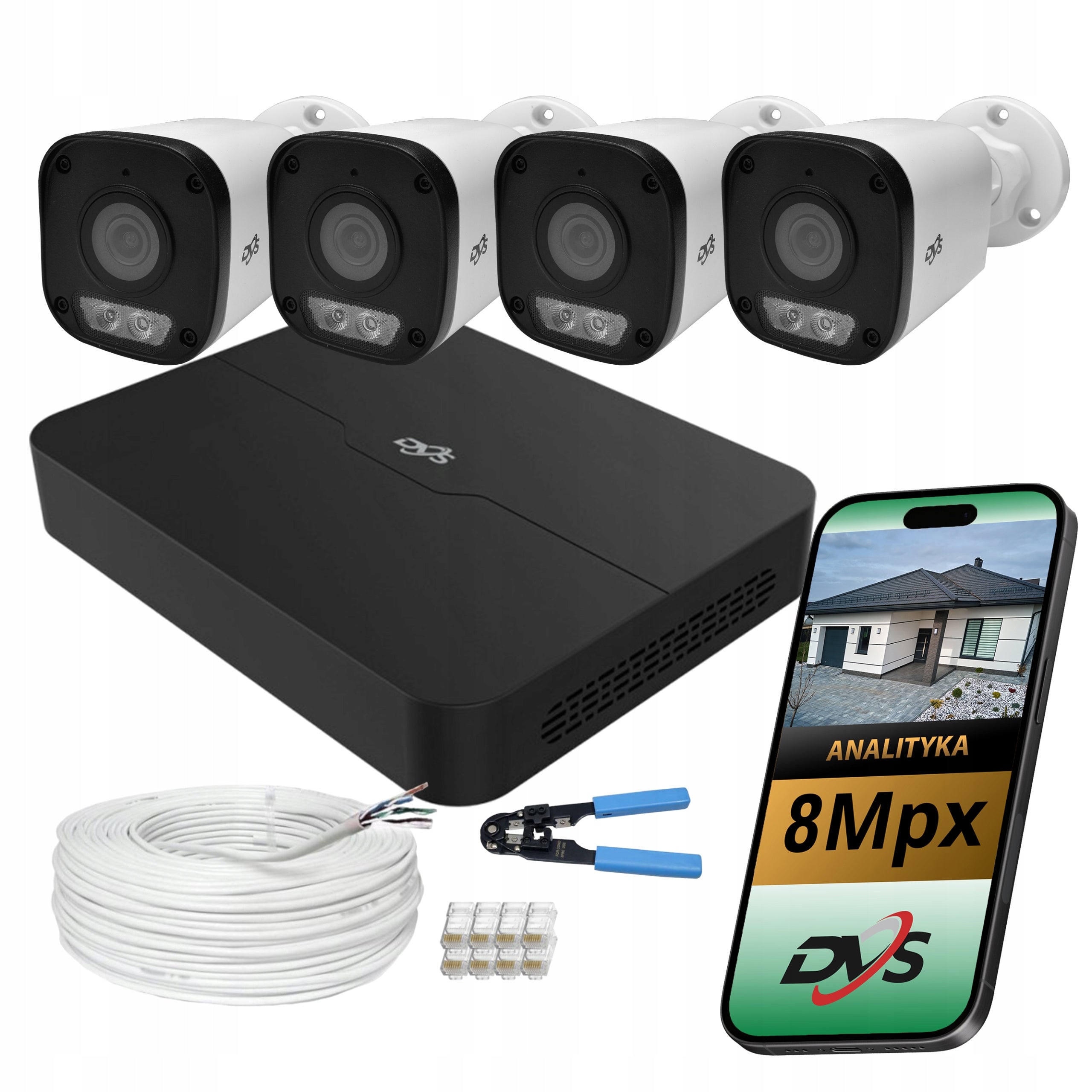 Home surveillance camera kit 4 cameras 8Mpx 4K IP outdoor tube DVS