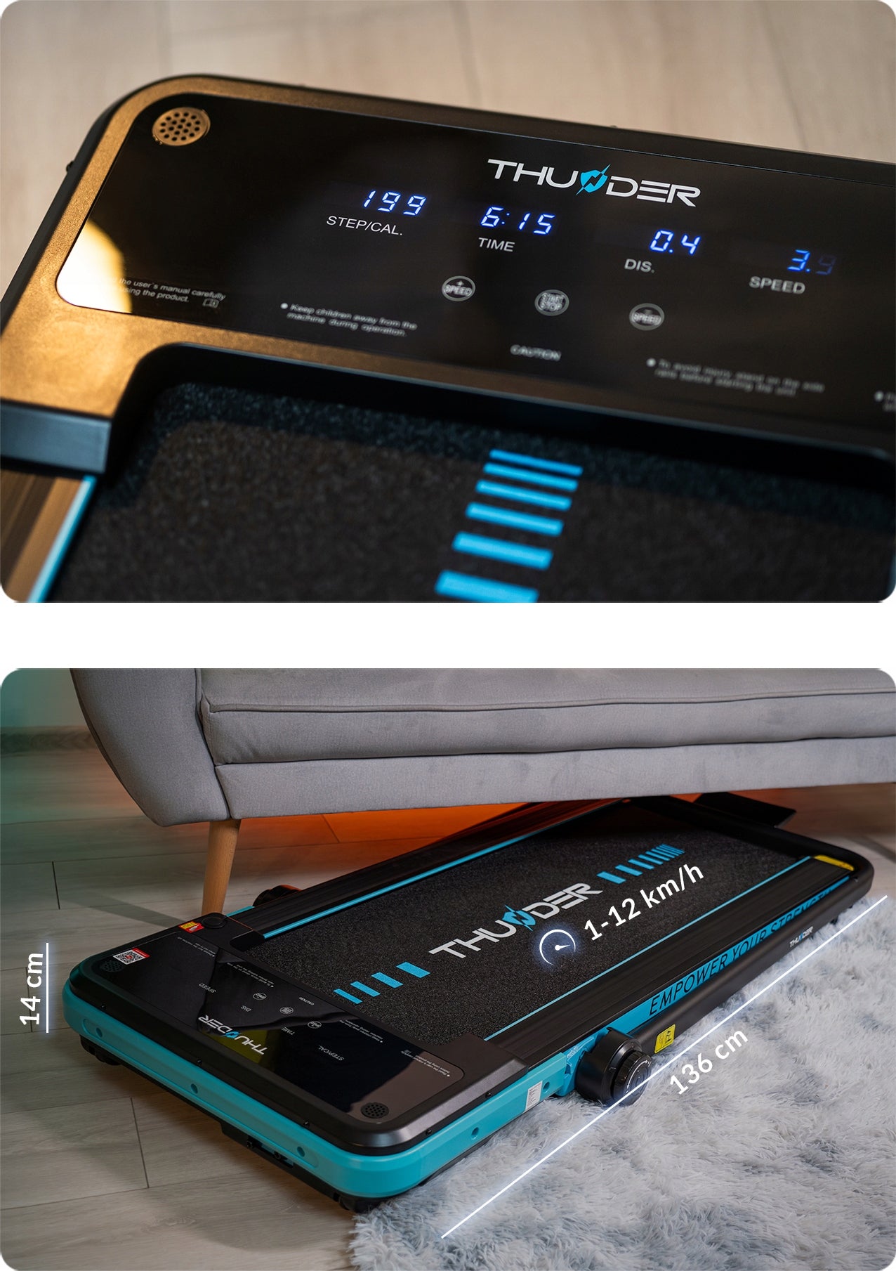Home treadmill electric folding 12km/h under desk remote control application 130kg Brand Thunder