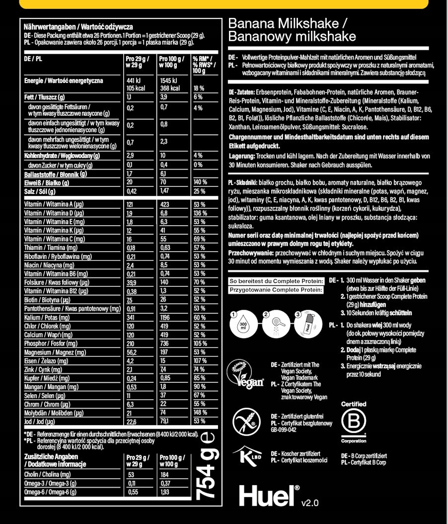 Huel Complete Protein - banana milkshake + scoop - 26 servings Expiration date at least six months from the date of purchase
